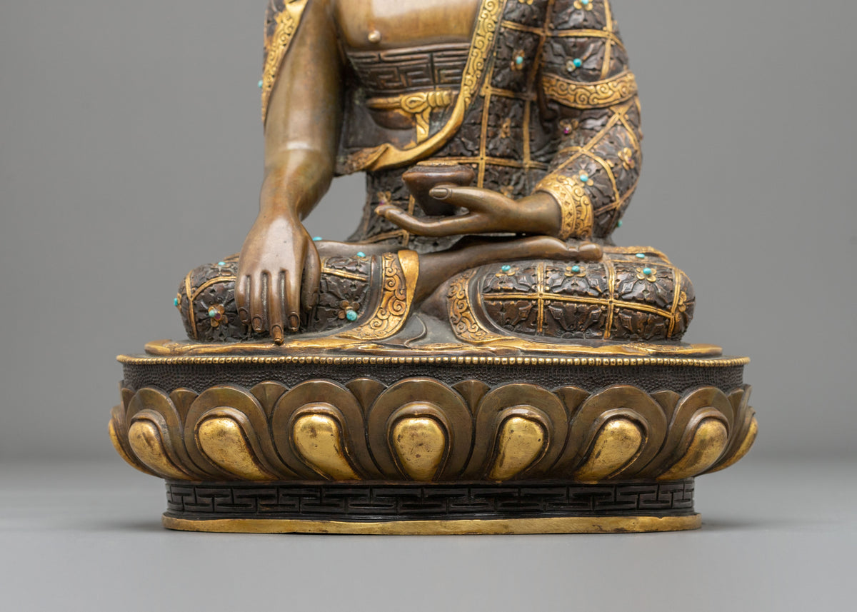 Shakyamuni Buddha Statue | Oxidized Sculpture Adorned with Gemstones