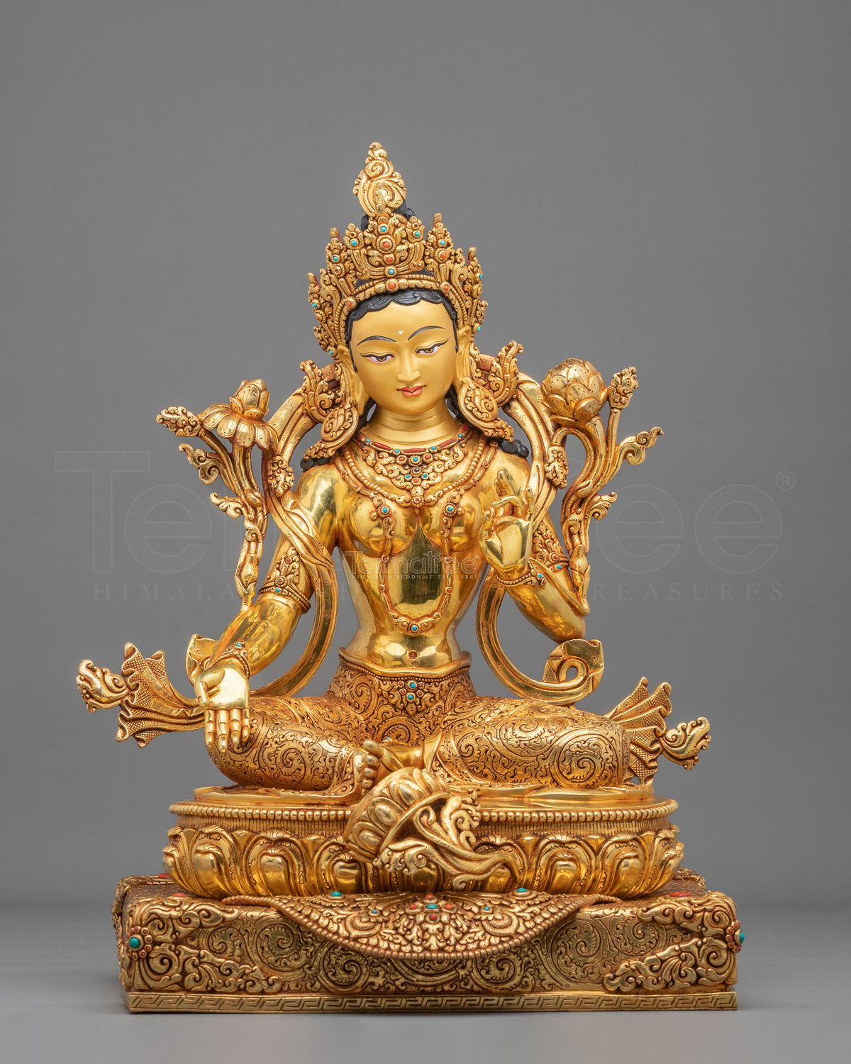 Green Tara Statue: 24K Gold Gilded Buddhist Sculpture