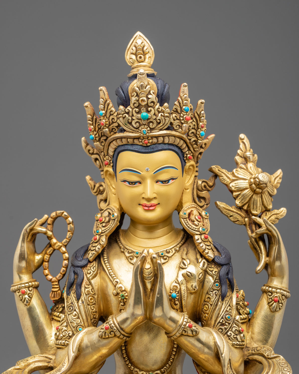 Four-Armed Chenrezig 24K Gold Gilded Sculpture | Bodhisattva of Compassion