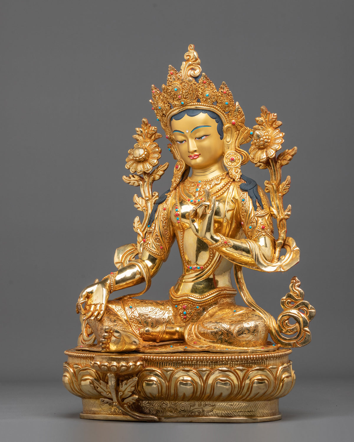 Green Tara 24K Gold Coated Goddess Statue: Deity of Compassion and Liberation