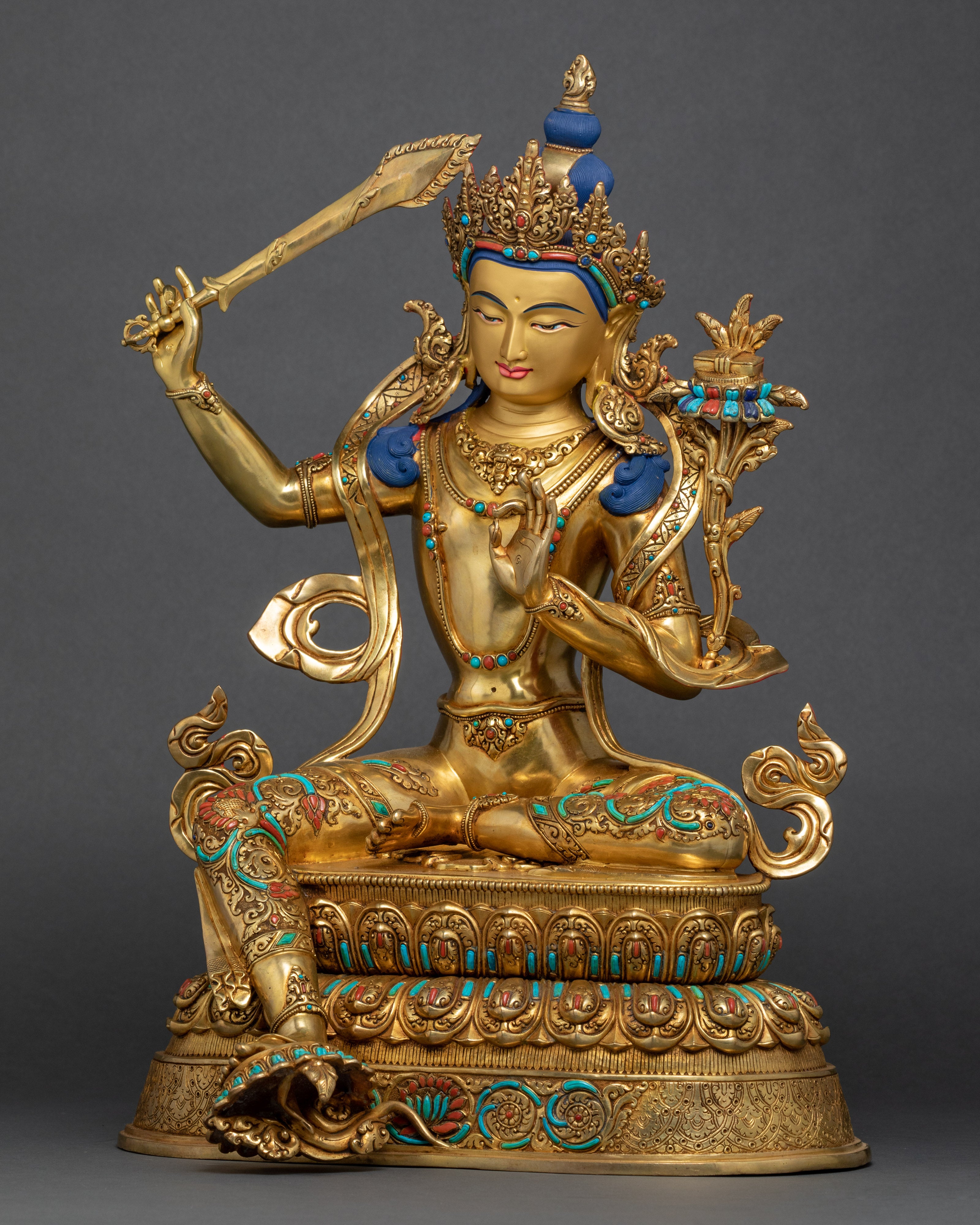 Bodhisattva Manjushri Gold Statue | Buddhist Bodhisattva Of Wisdom Sculpture