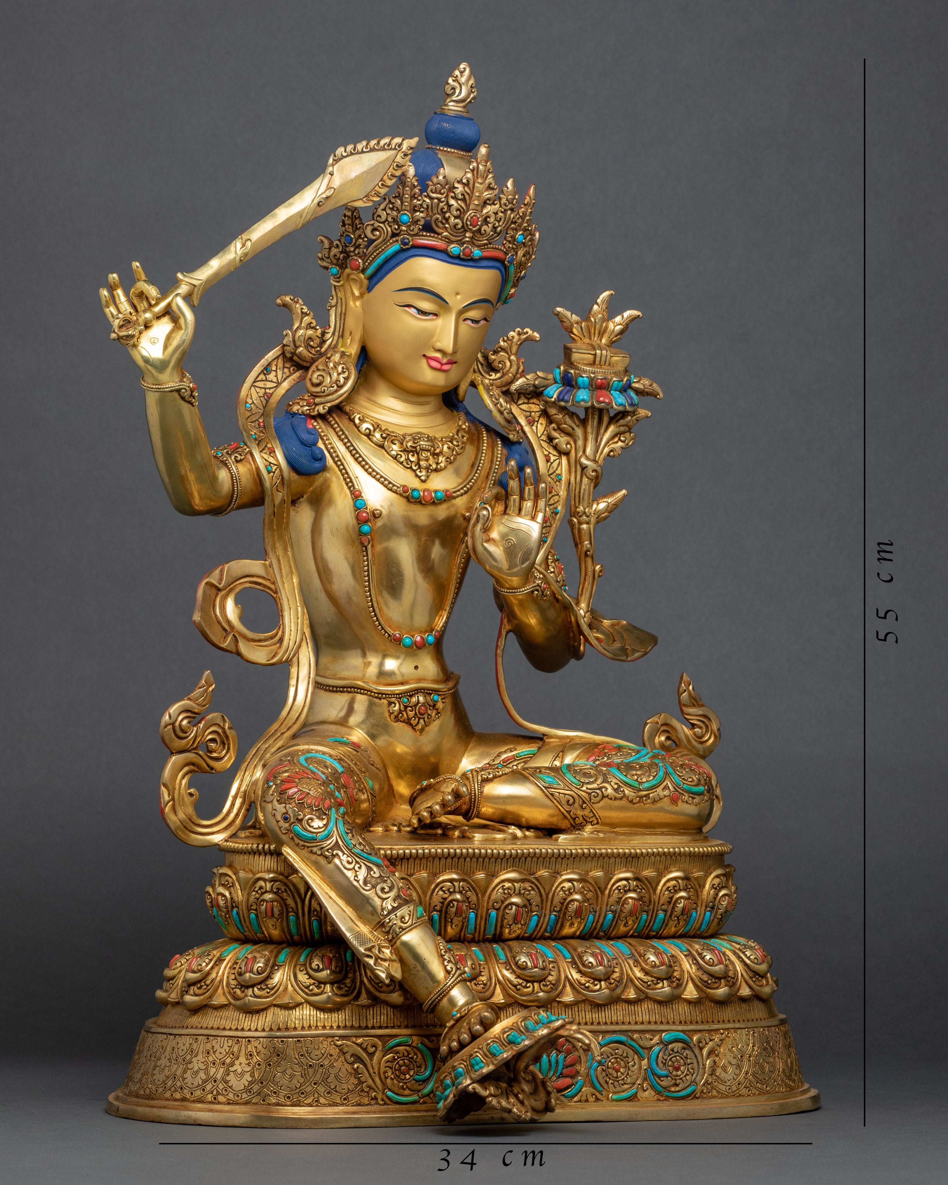 Bodhisattva Manjushri Gold Statue | Buddhist Bodhisattva Of Wisdom Sculpture