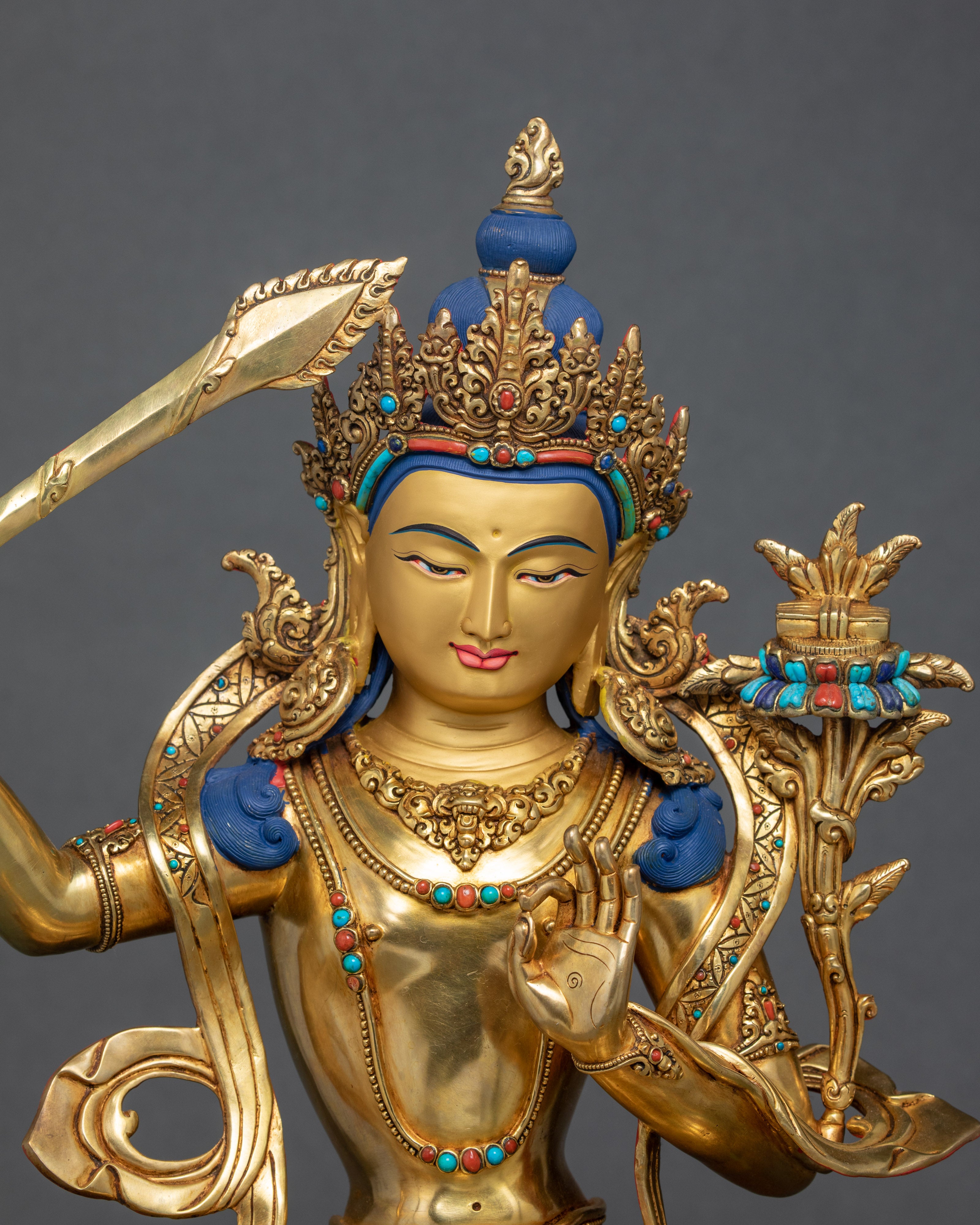 Bodhisattva Manjushri Gold Statue | Buddhist Bodhisattva Of Wisdom Sculpture