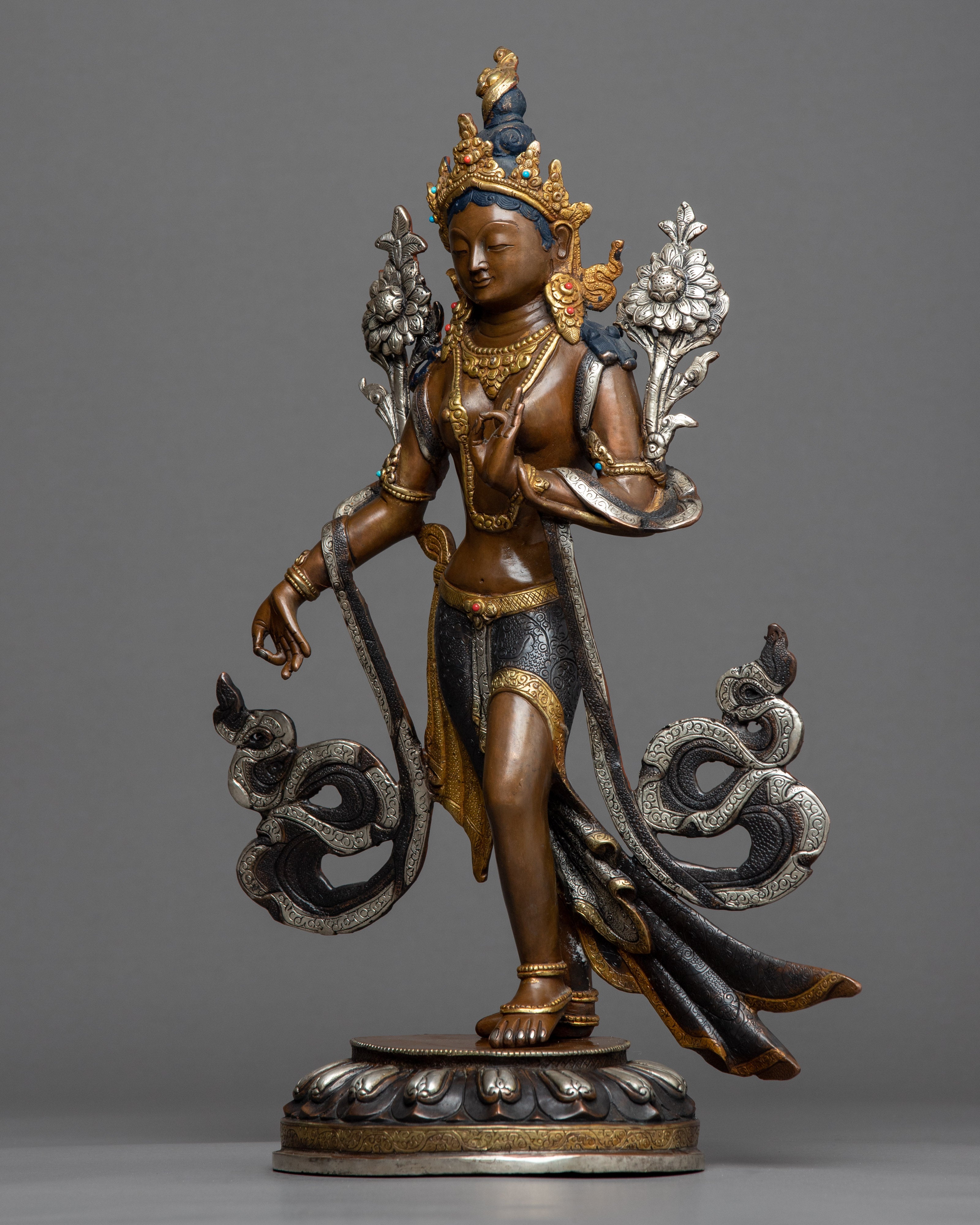 Standing Green Tara Statue | Hand Carved Gold Gilded Statue