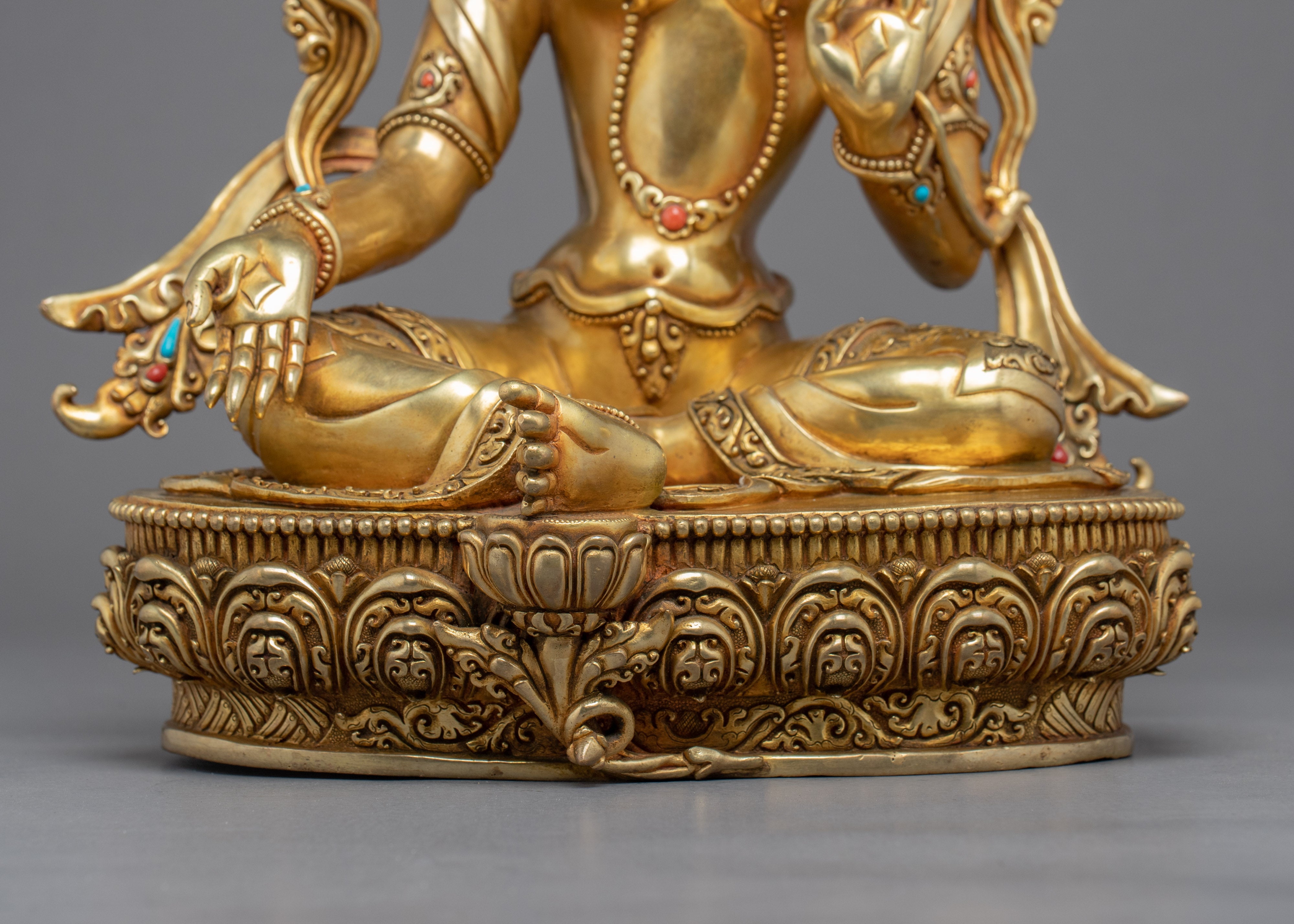 Green Tara Gold Gilded Sculpture | Buddhist Mother Tara Art