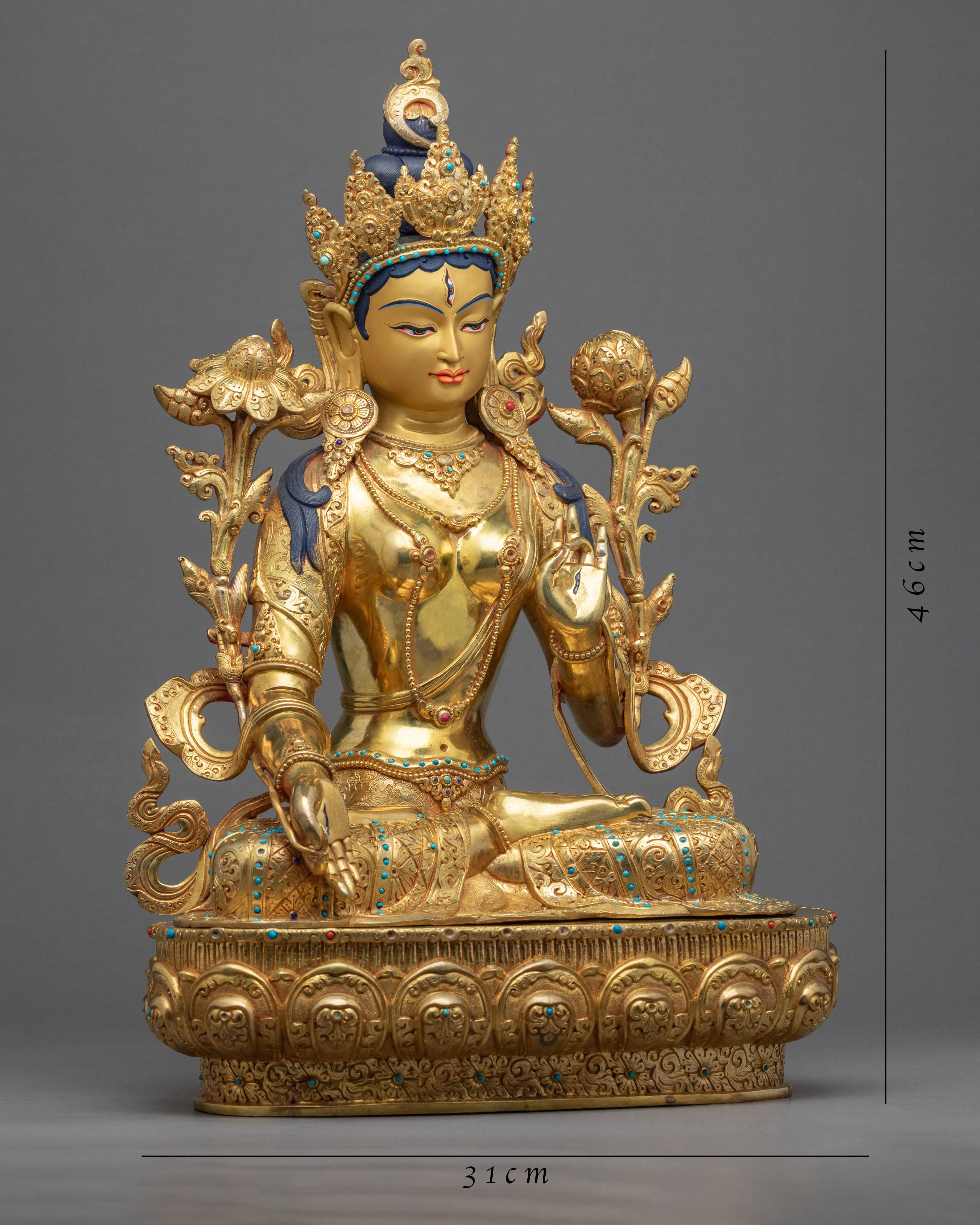 White Tara Symbolism Sculpture | Tibetan Art Plated with Gold
