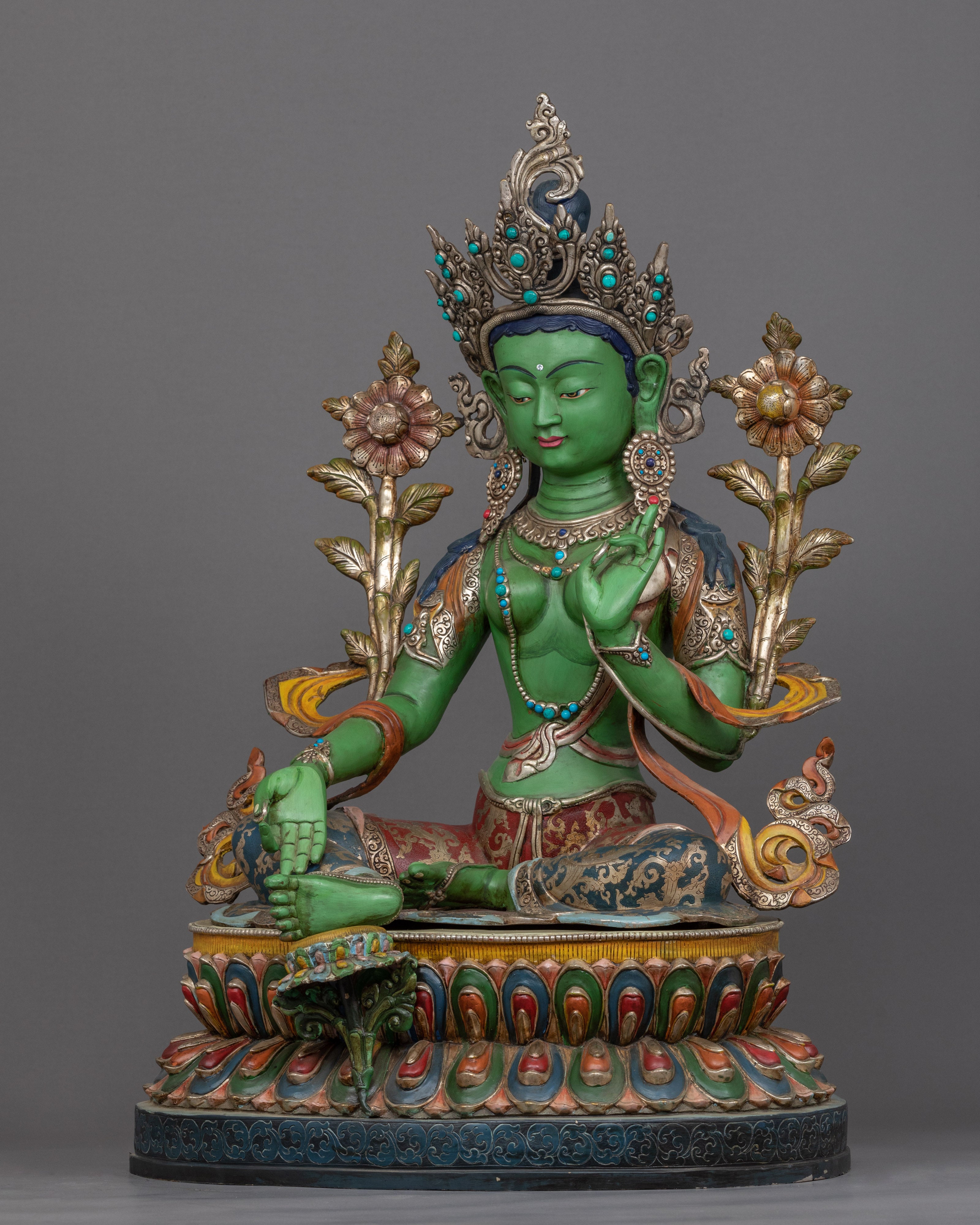 Green Tara Mother Of Buddha Sculpture | 24K Gold Hand Carved Statue