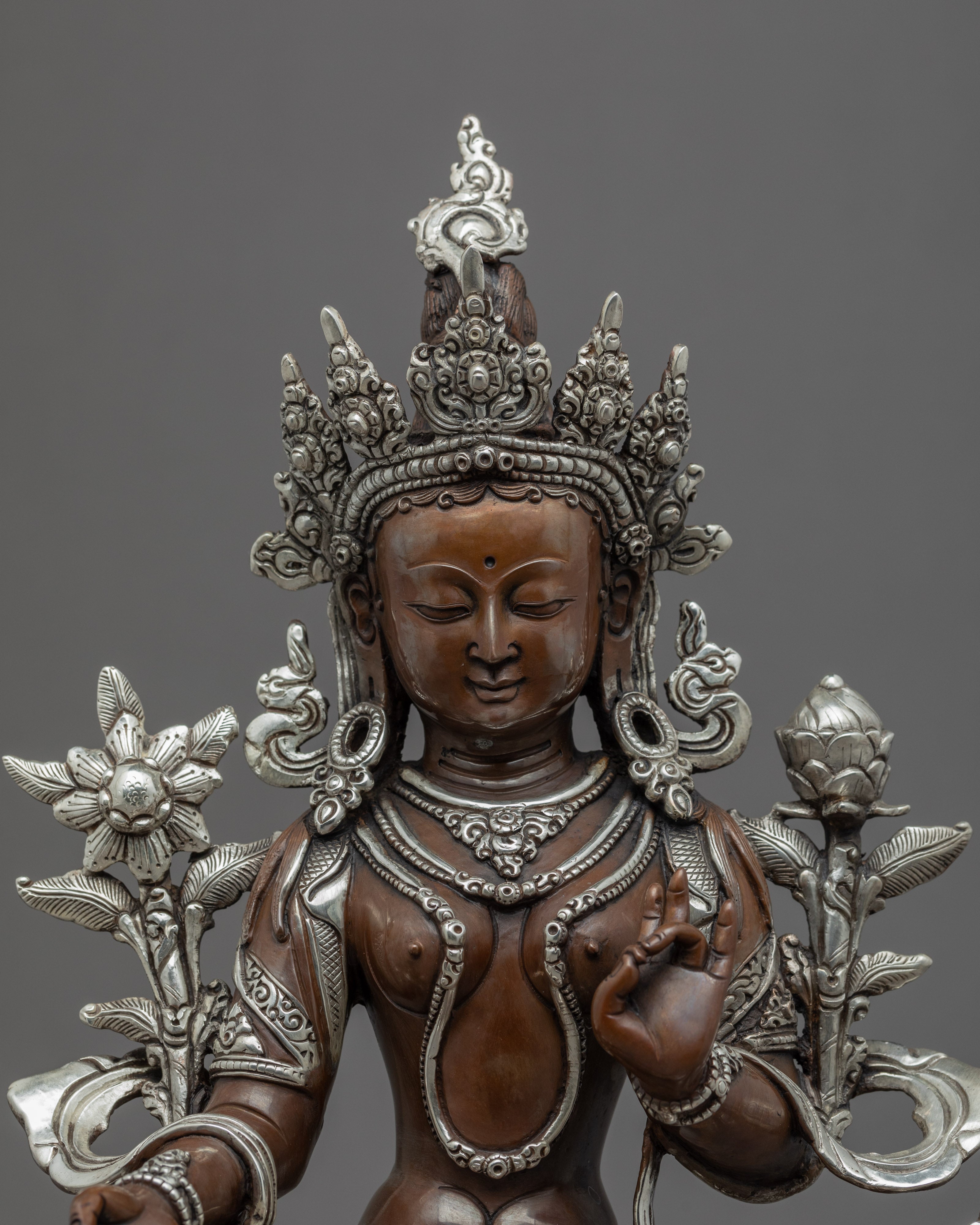 Green Tara Copper Sculpture | Tibetan Art Plated with Silver