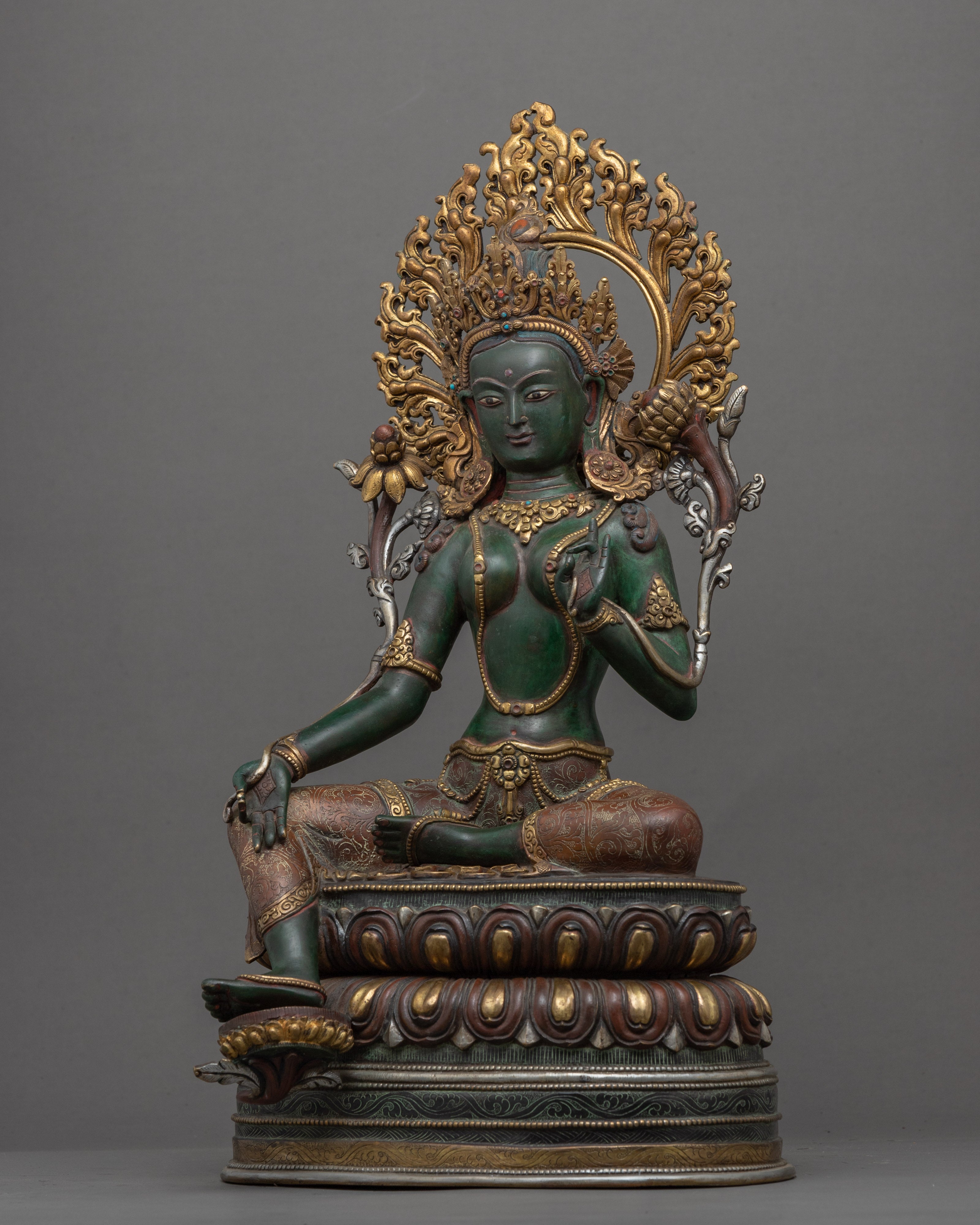 Tibetan Green Tara Guru Sculpture | Gold-Gilded Statue For Meditation
