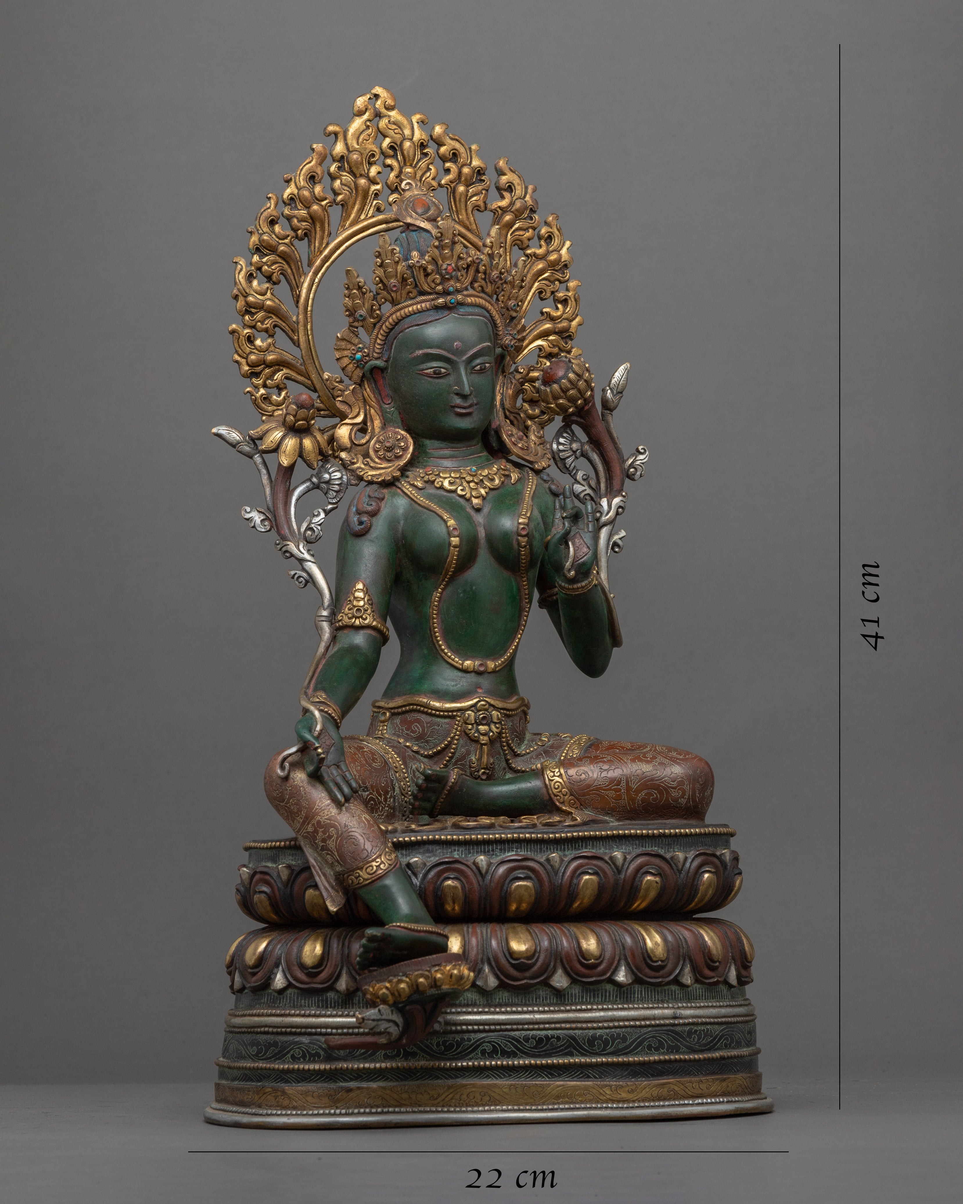 Tibetan Green Tara Guru Sculpture | Gold-Gilded Statue For Meditation