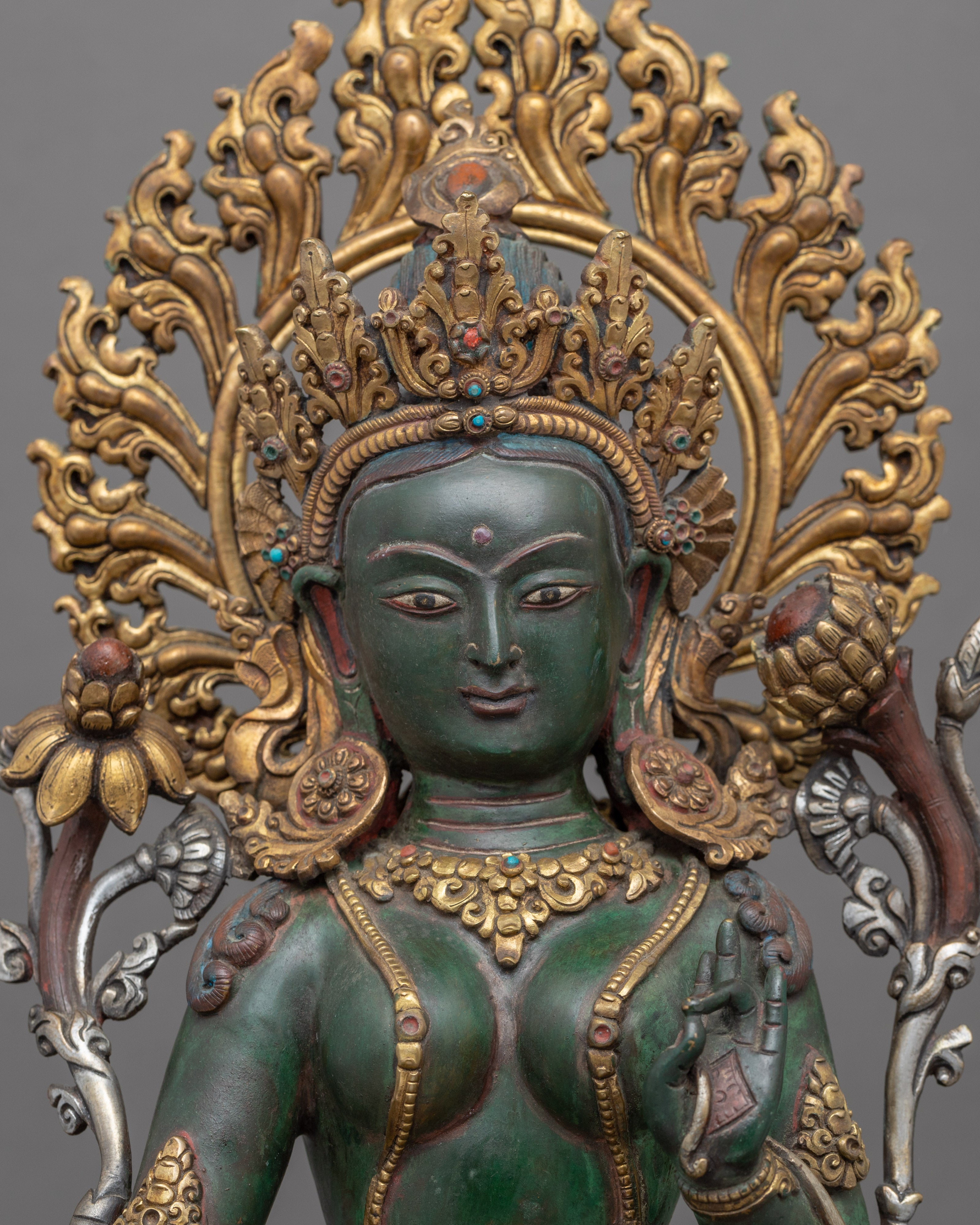 Tibetan Green Tara Guru Sculpture | Gold-Gilded Statue For Meditation
