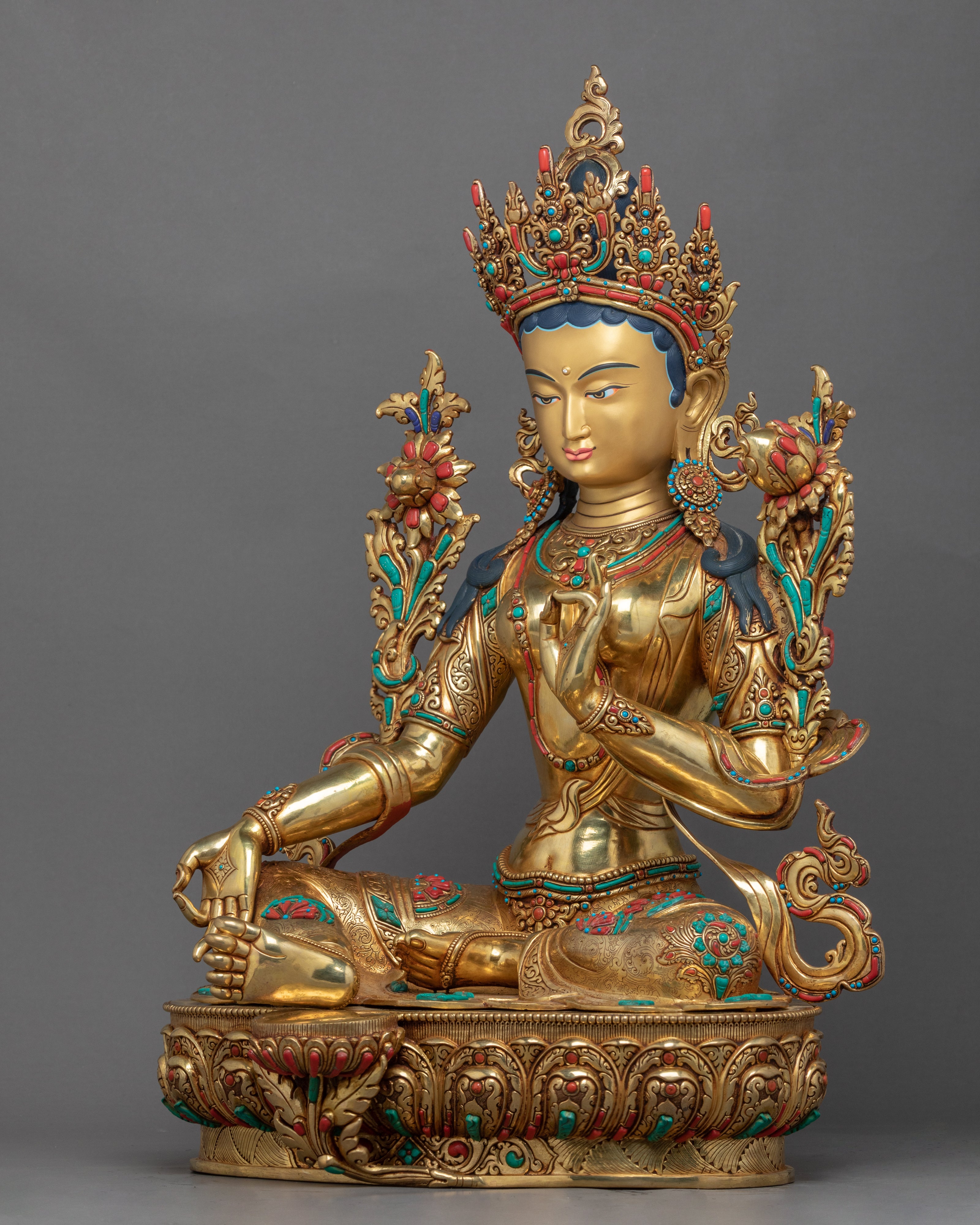 Green Tara Deity Sculpture | Tibetan Art Of Mother Tara Gilded With Gold