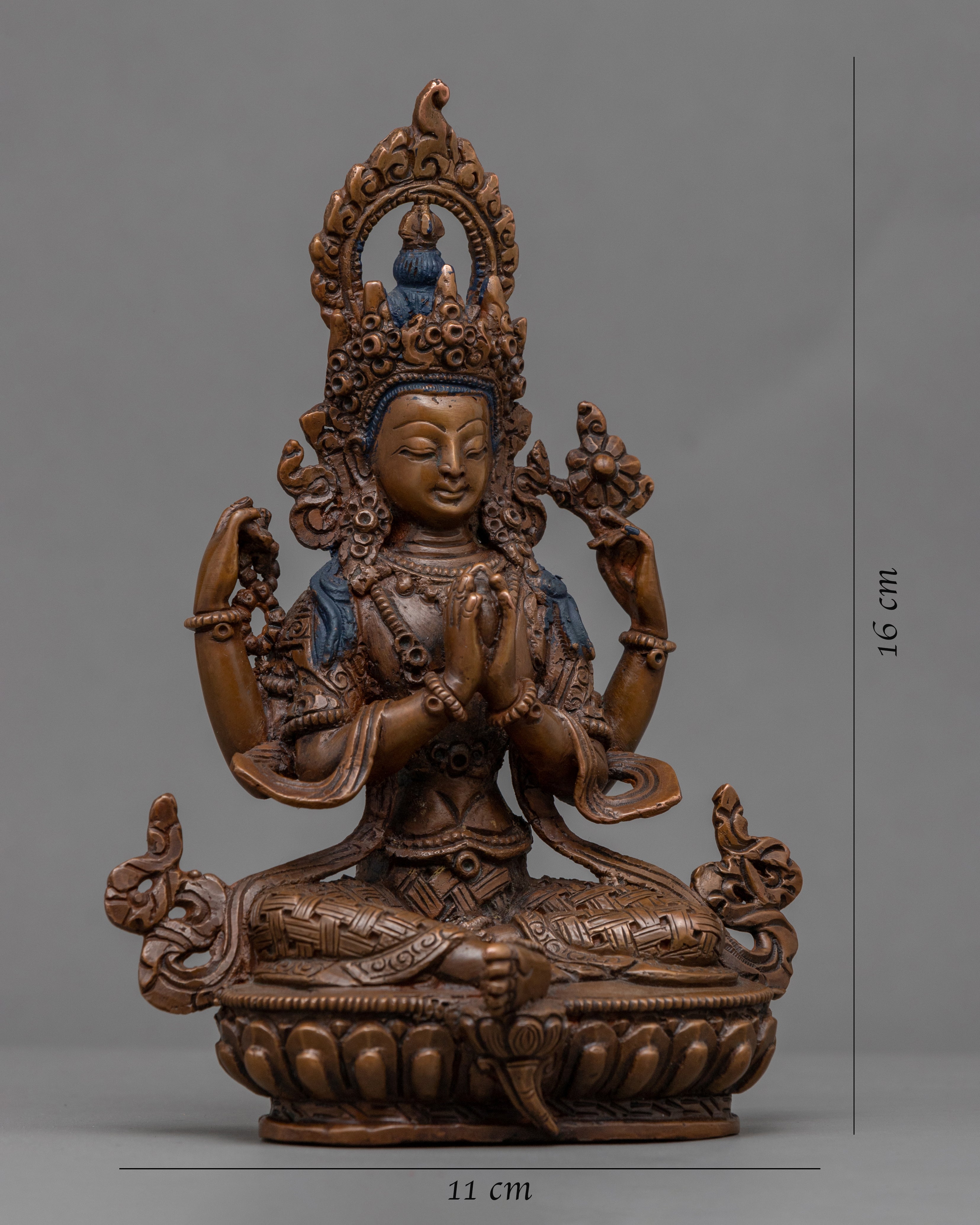 Oxidized Copper Statue For Short Chenrezig Practice | Tibetan Himalayan Bodhisattva Statue