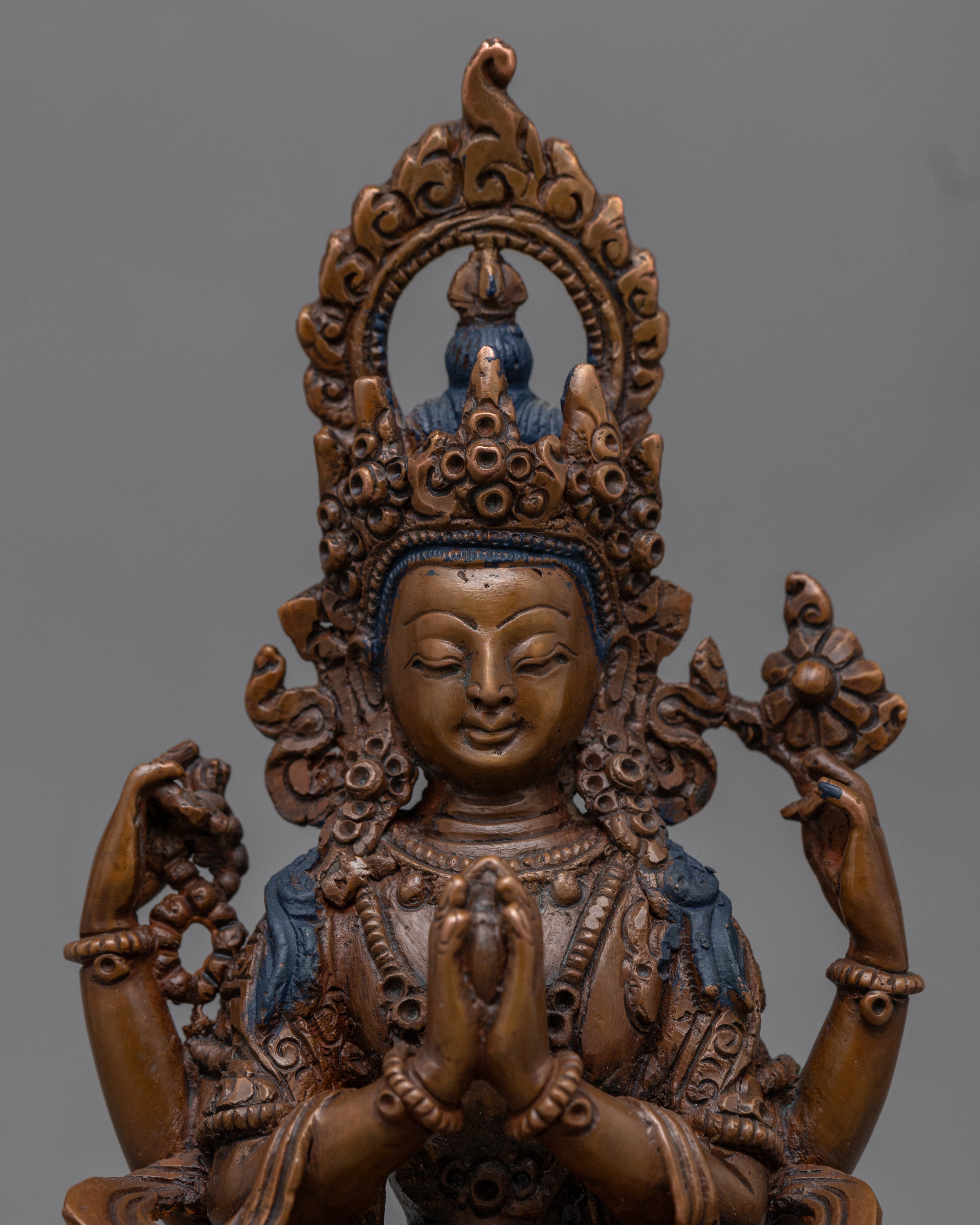 Oxidized Copper Statue For Short Chenrezig Practice | Tibetan Himalayan Bodhisattva Statue