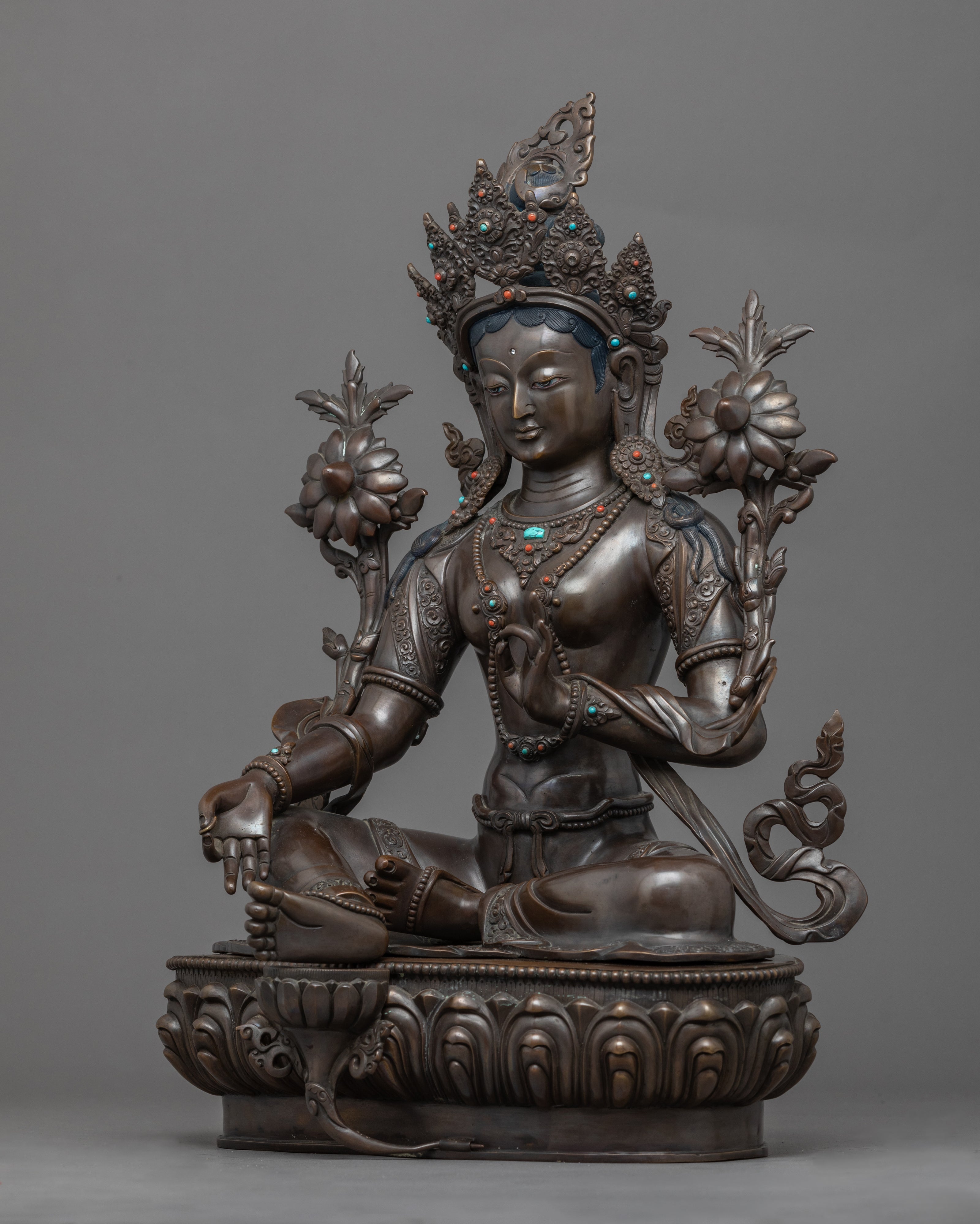 Copper Statue For Green Tara Hand Mudra Practice | Traditionally Hand-Carved Art - Termatree