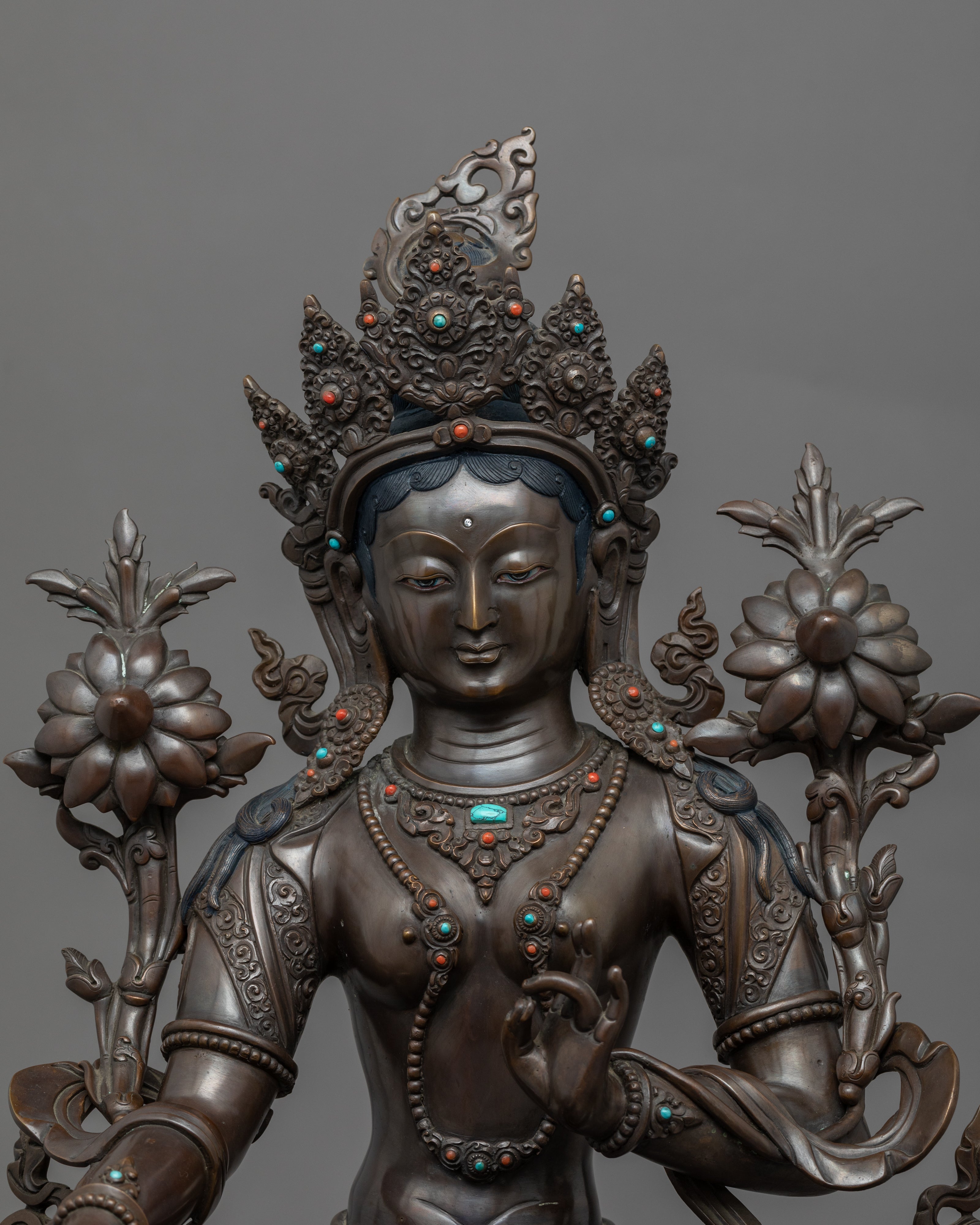 Copper Statue For Green Tara Hand Mudra Practice | Traditionally Hand-Carved Art - Termatree