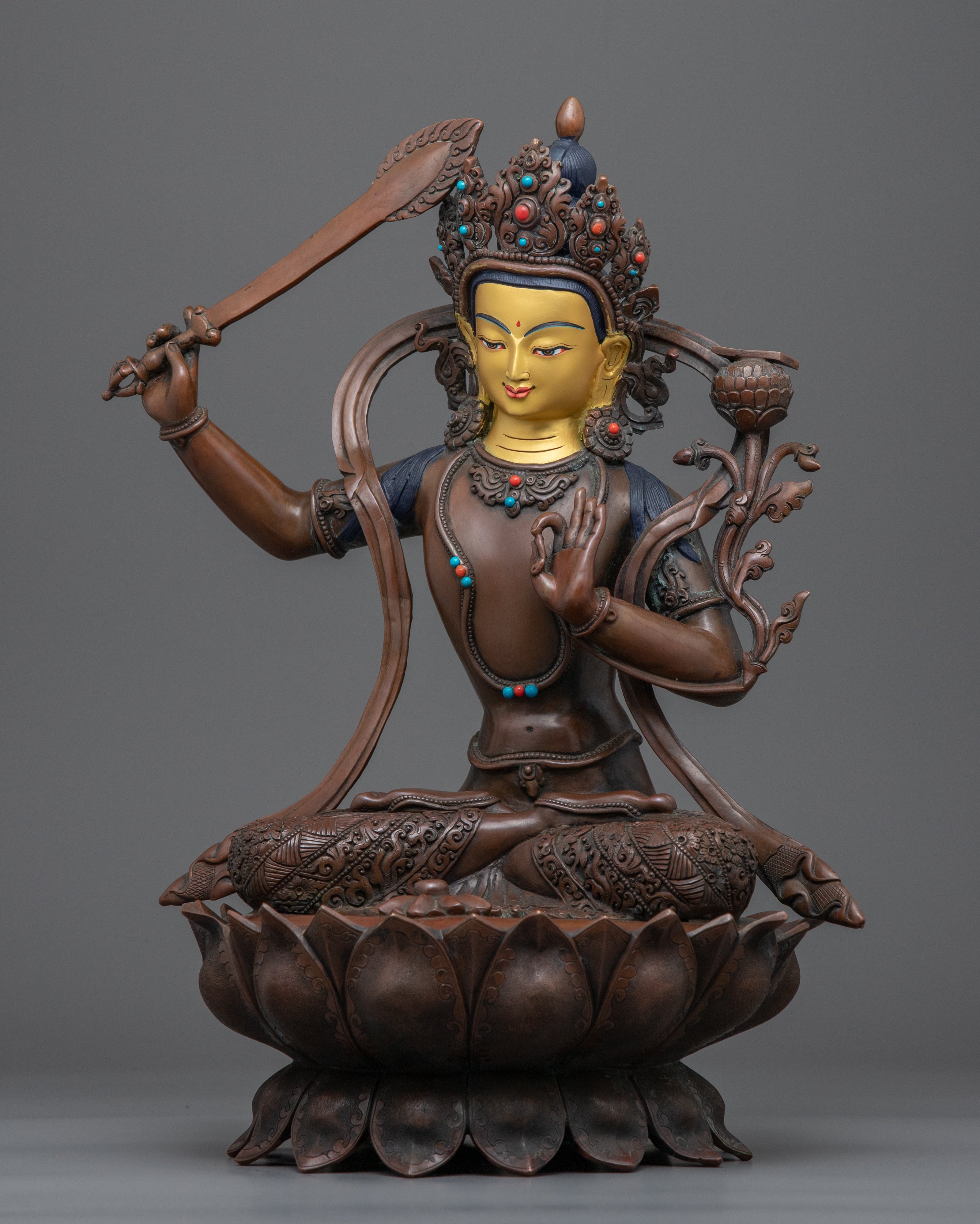 Gold-Gilded Statue For Manjushri Mantra Benefits | Buddhist Deity Figurine For Ritual
