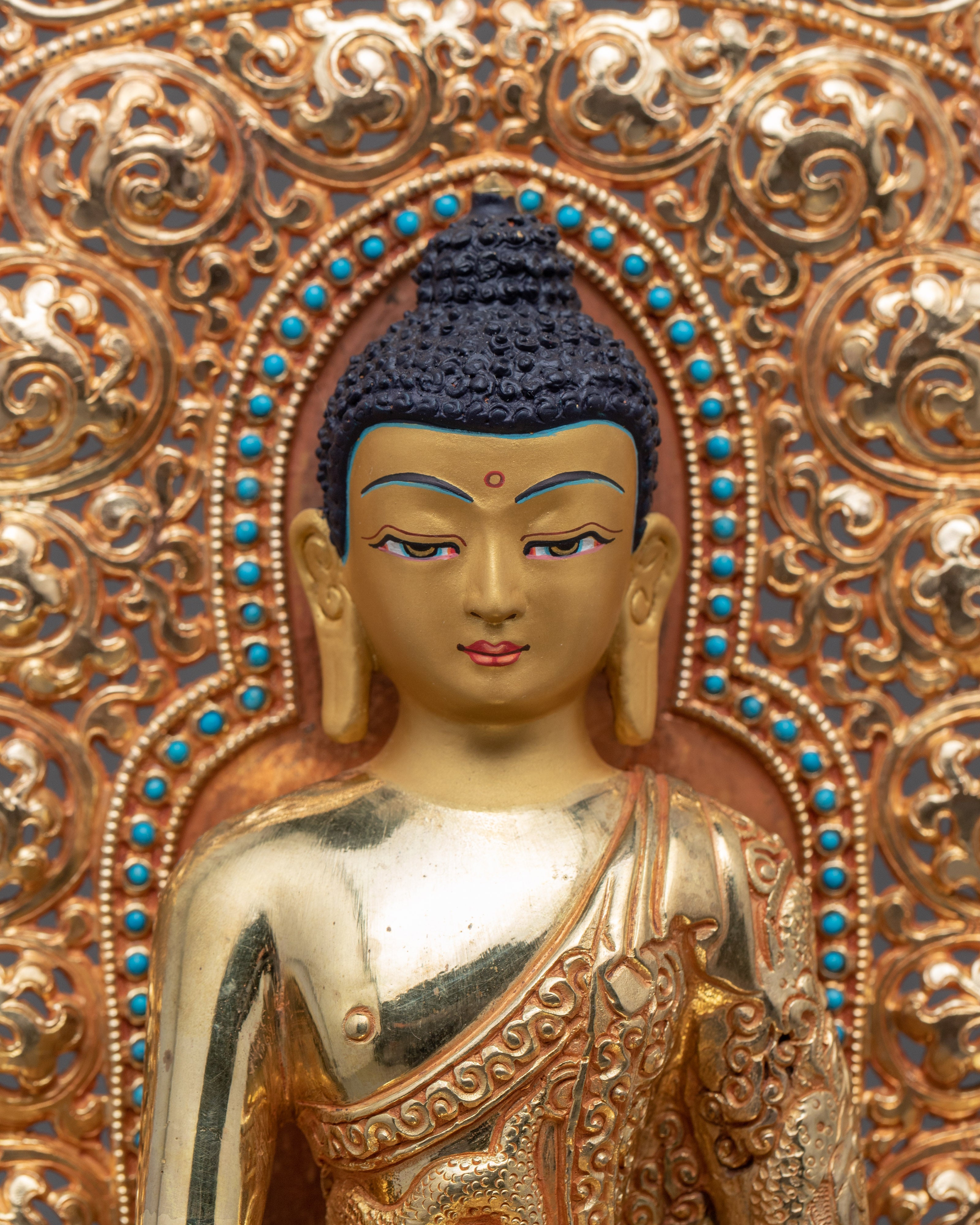 Shakyamuni Buddha Saint Seated On Throne Statue | 24K Gold Hand-Carved Statue