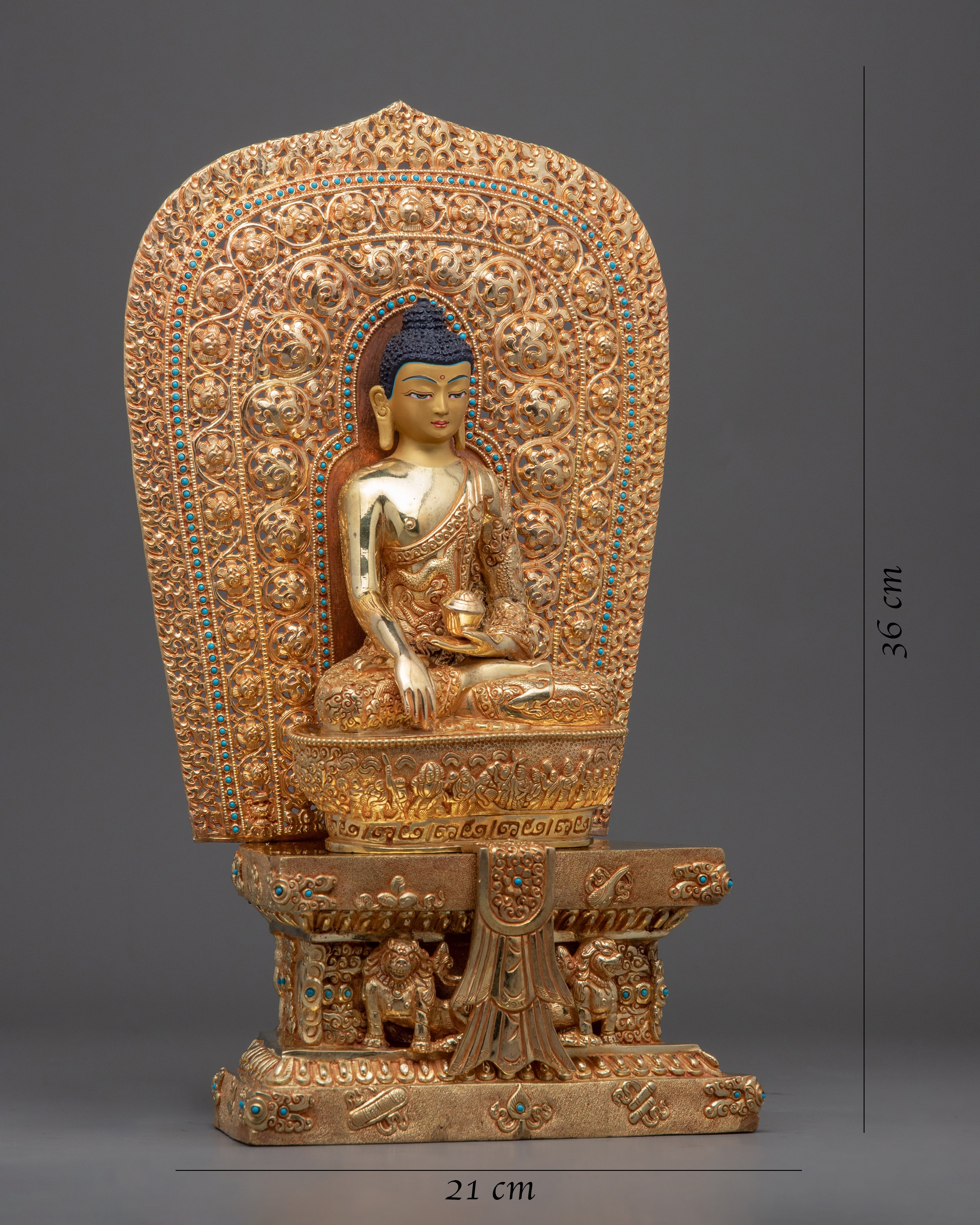 Shakyamuni Buddha Saint Seated On Throne Statue | 24K Gold Hand-Carved Statue