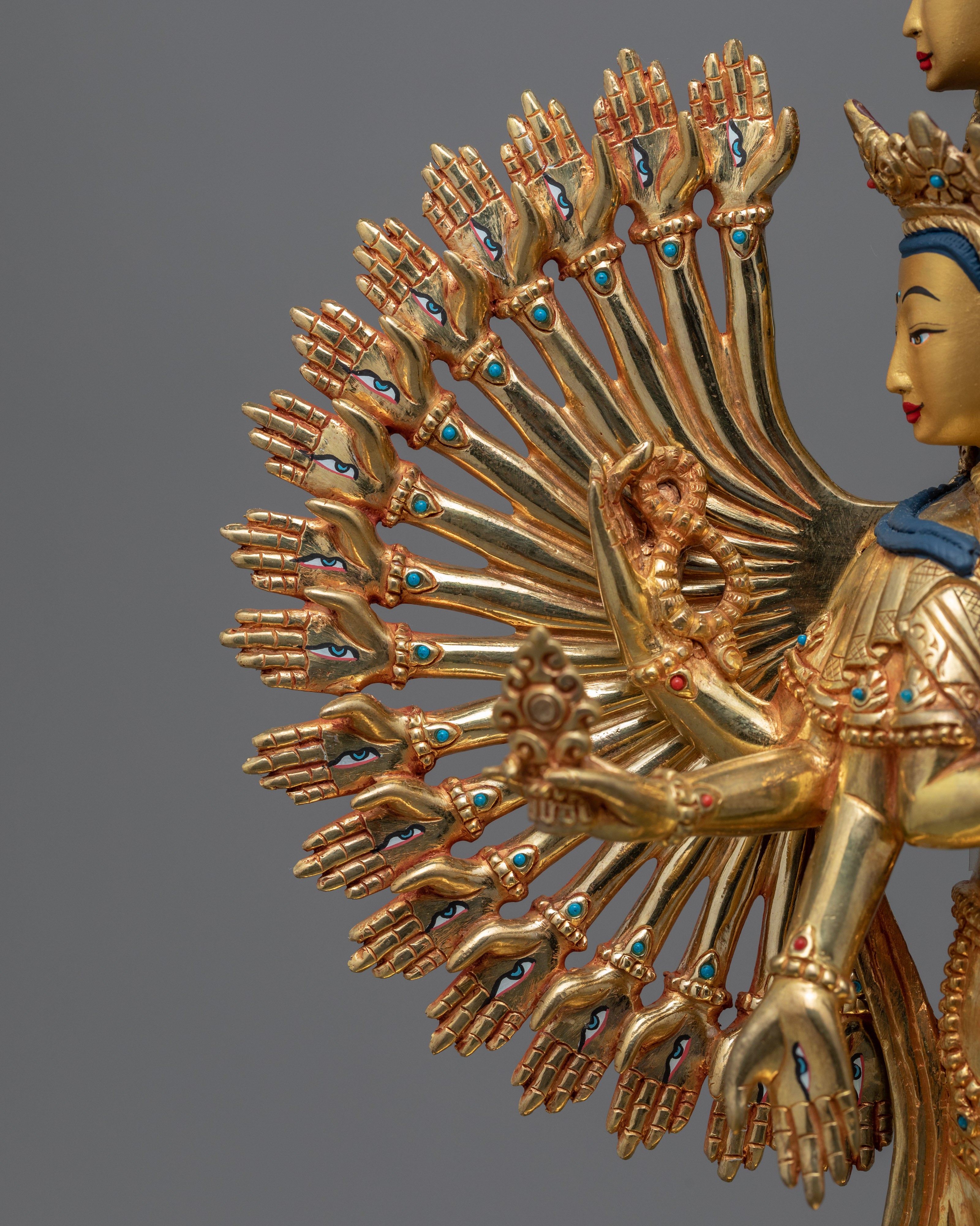 Bodhisattva Avalokiteshvara 1000 Arms Statue | Traditionally Gold-Gilded Chenrezig Figurine