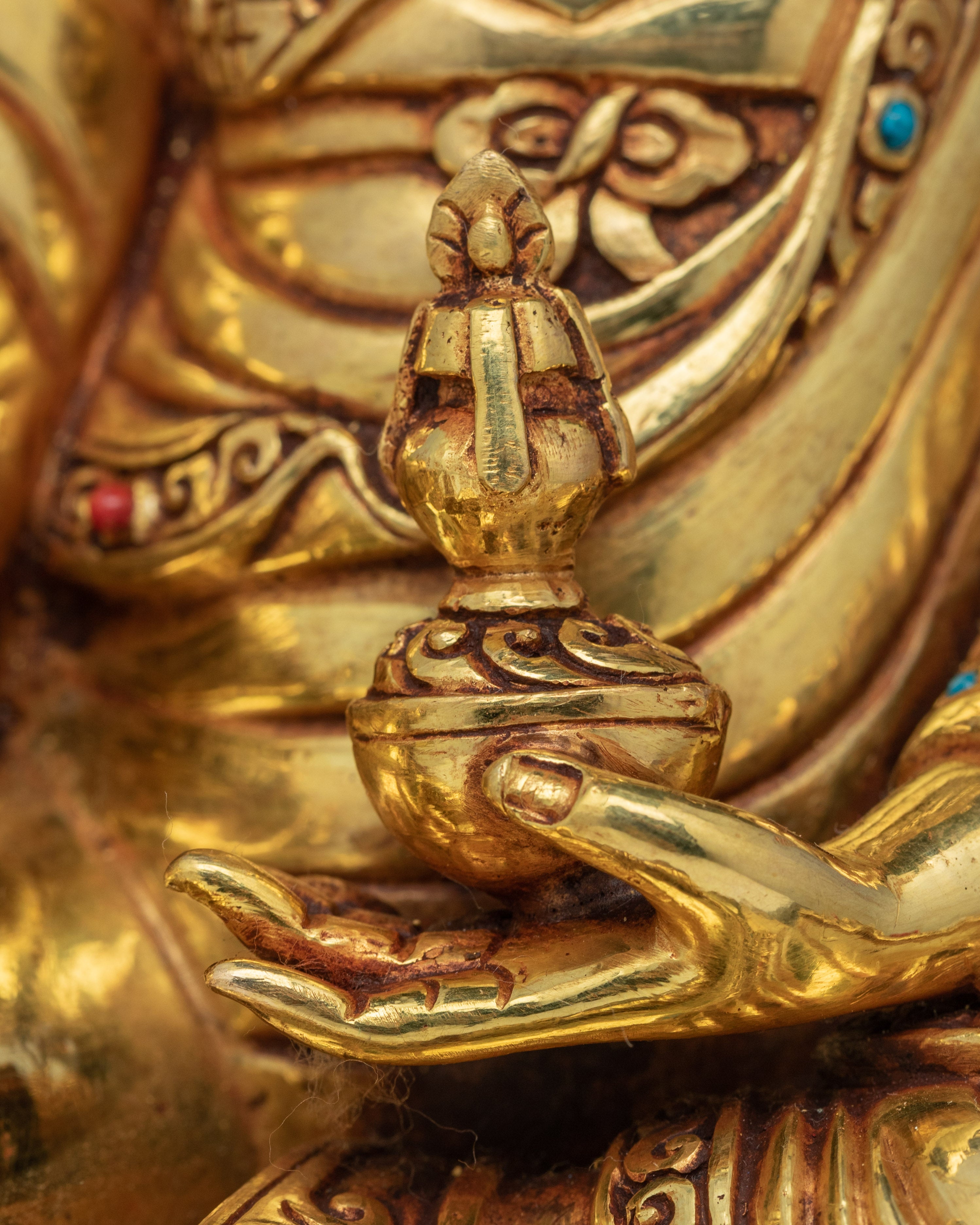 24K Gold Gilded Statue To Practice Guru Rinpoche Mantra In Tibetan | Lotus Born Master Art