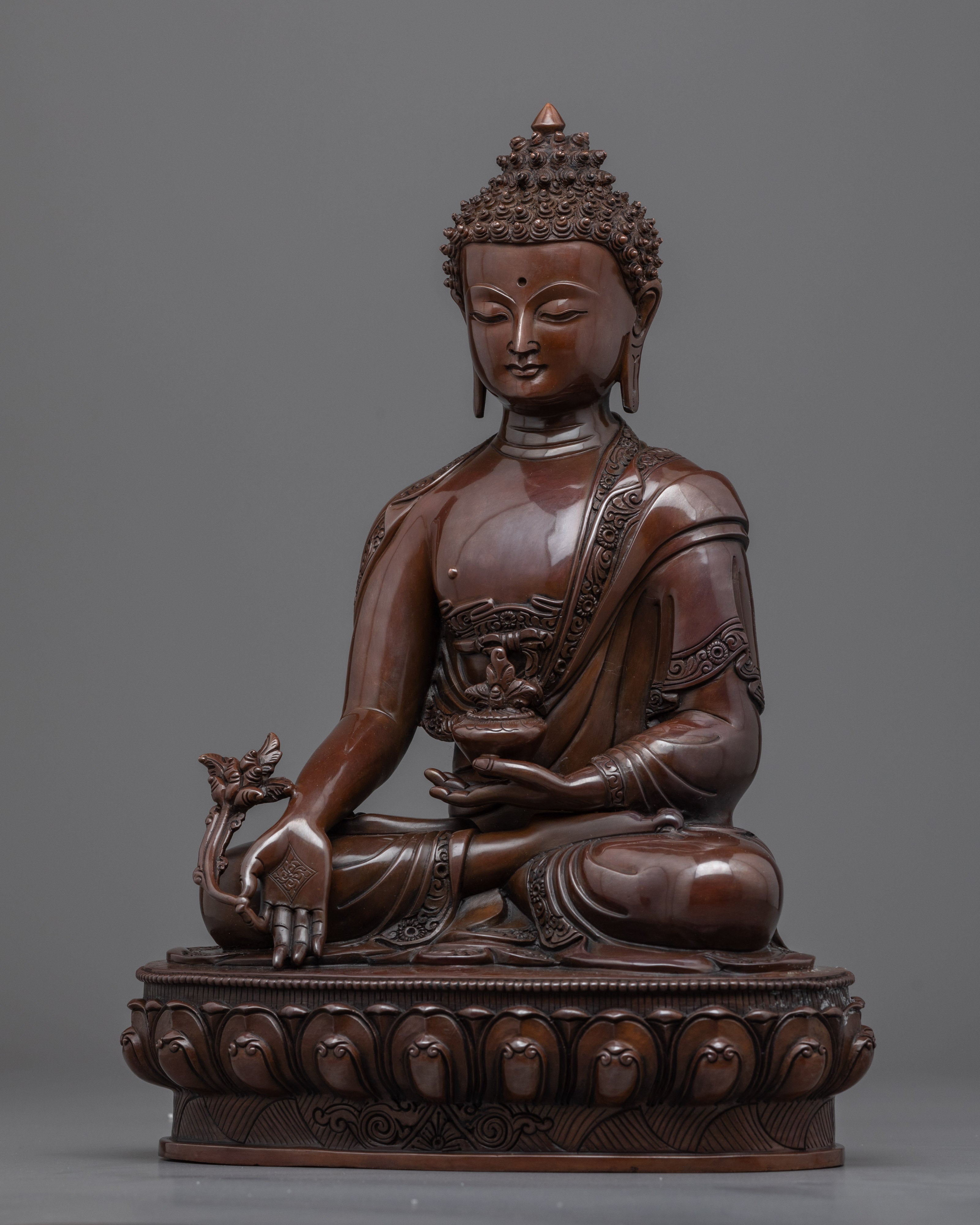 Oxidized Copper Bhaisajyaguru Buddha Sculpture | Traditional Medicine Buddha Himalayan Art