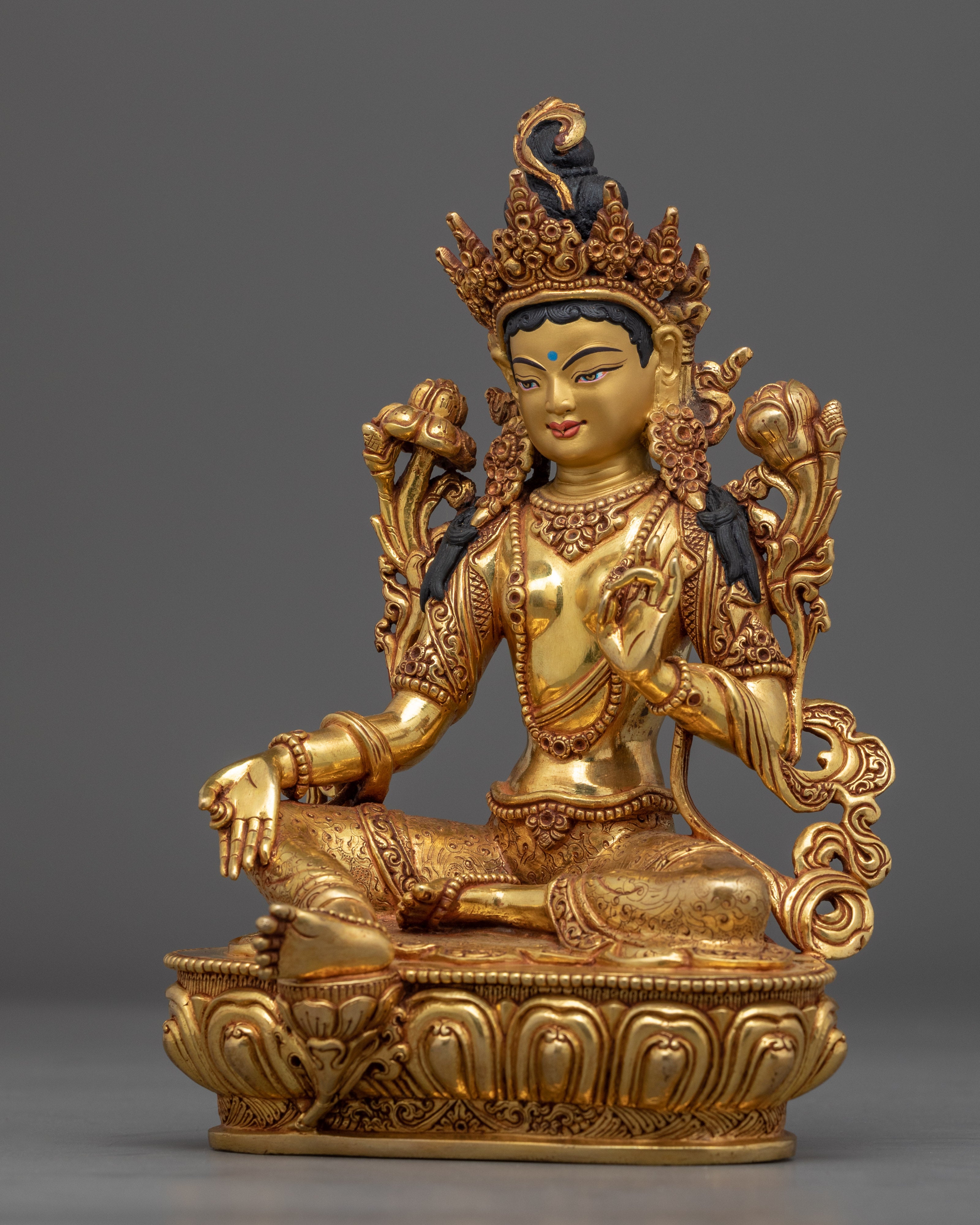 Green Tara, Female Bodhisattva of Compassion Statue | Tibetan Art Plated with Gold