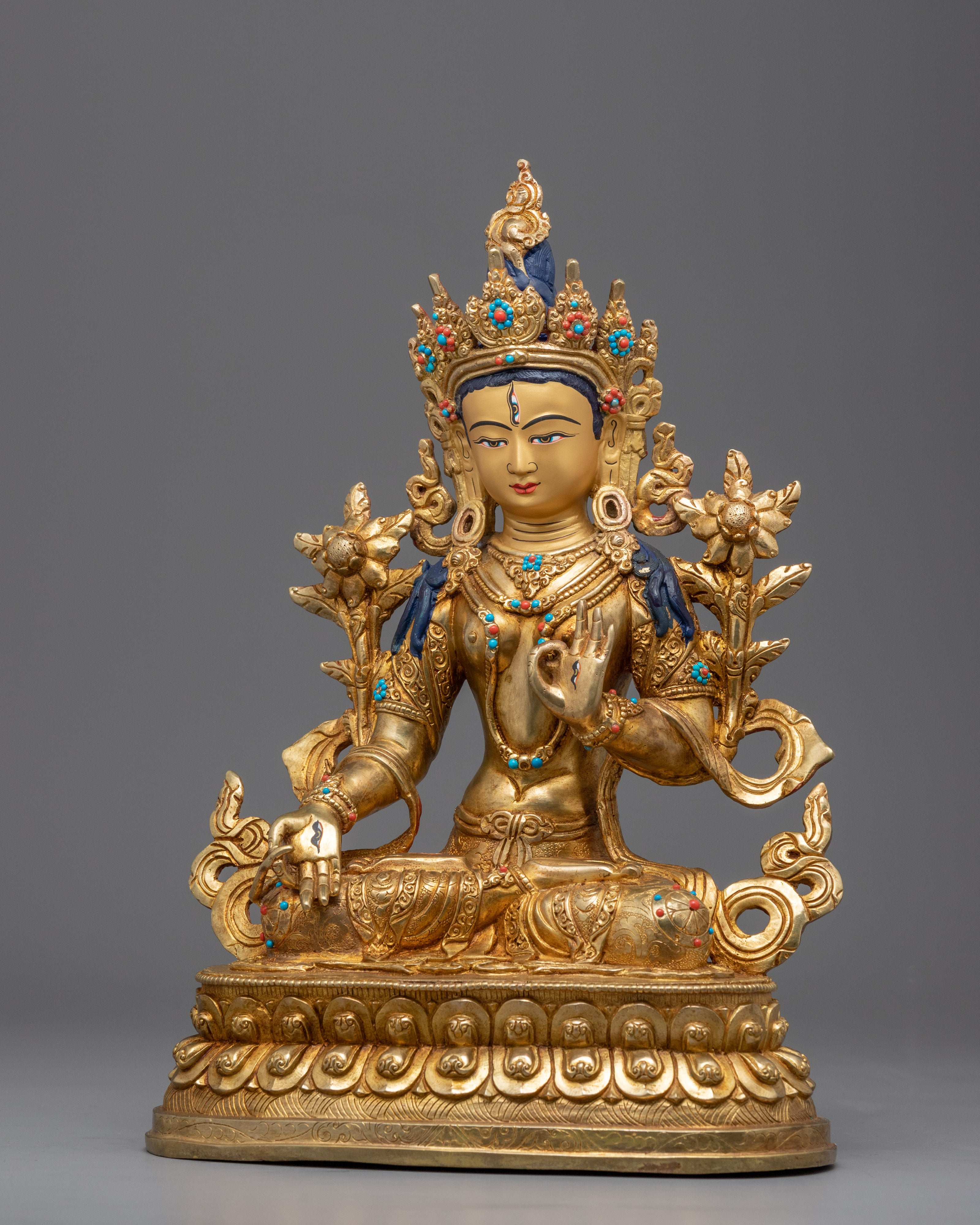 24k Gold Female Bodhisattva of Compassion, White Tara Statue | Religious Statue for Meditation