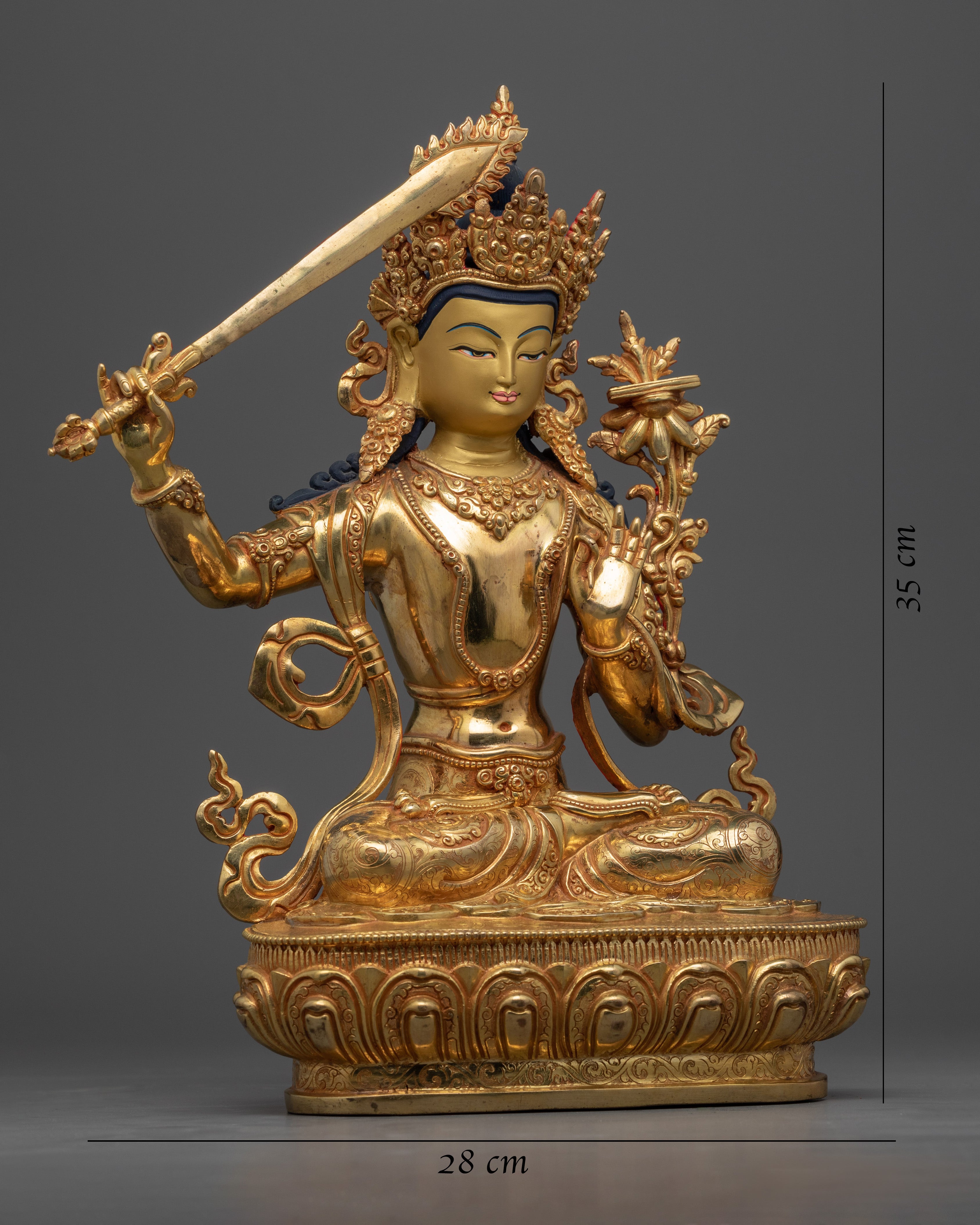 Manjushri Bodhisattva of Wisdom Statue | Gold Gilded Statue of Sword Wielding Bodhisattva