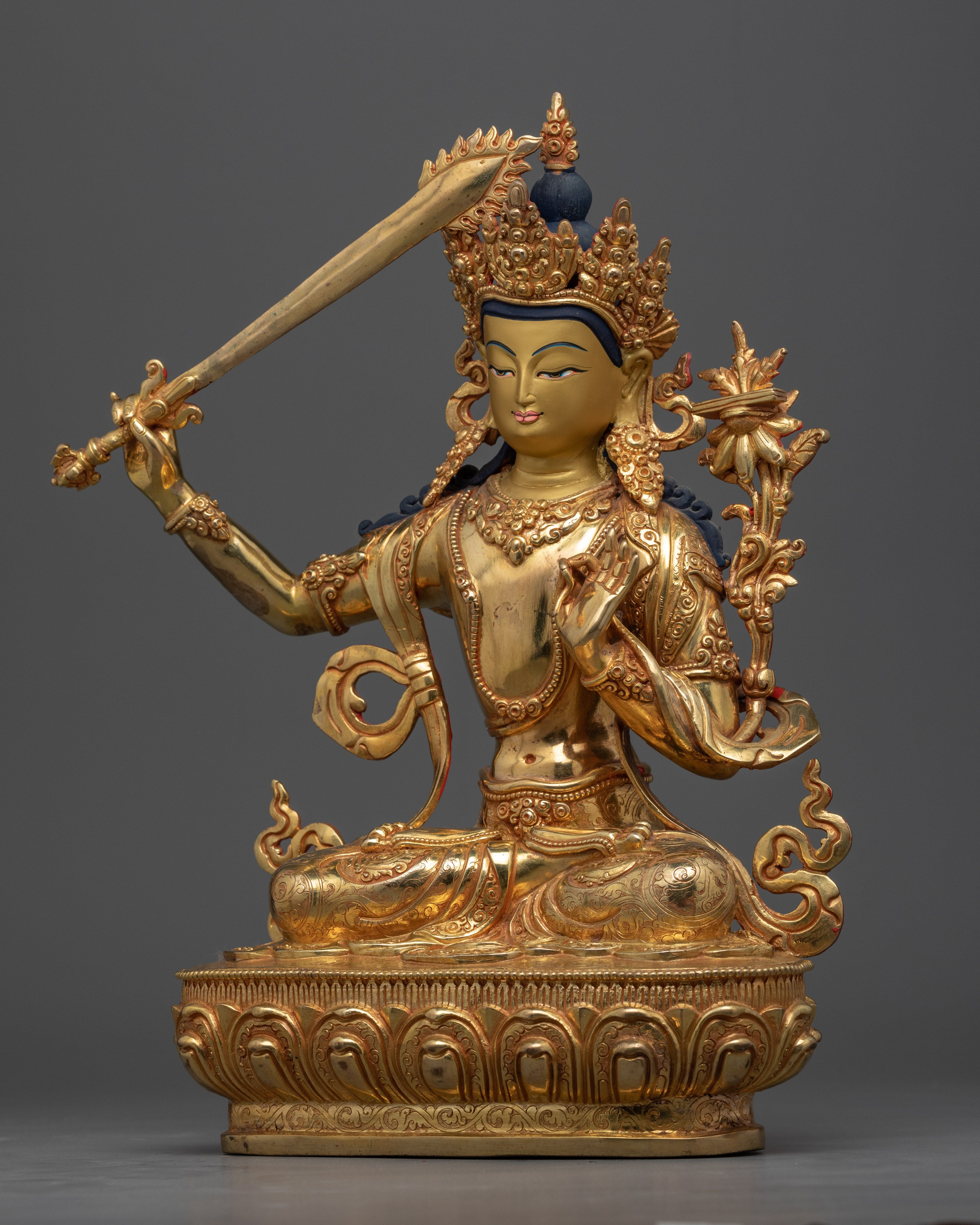 Manjushri Bodhisattva of Wisdom Statue | Gold Gilded Statue of Sword Wielding Bodhisattva