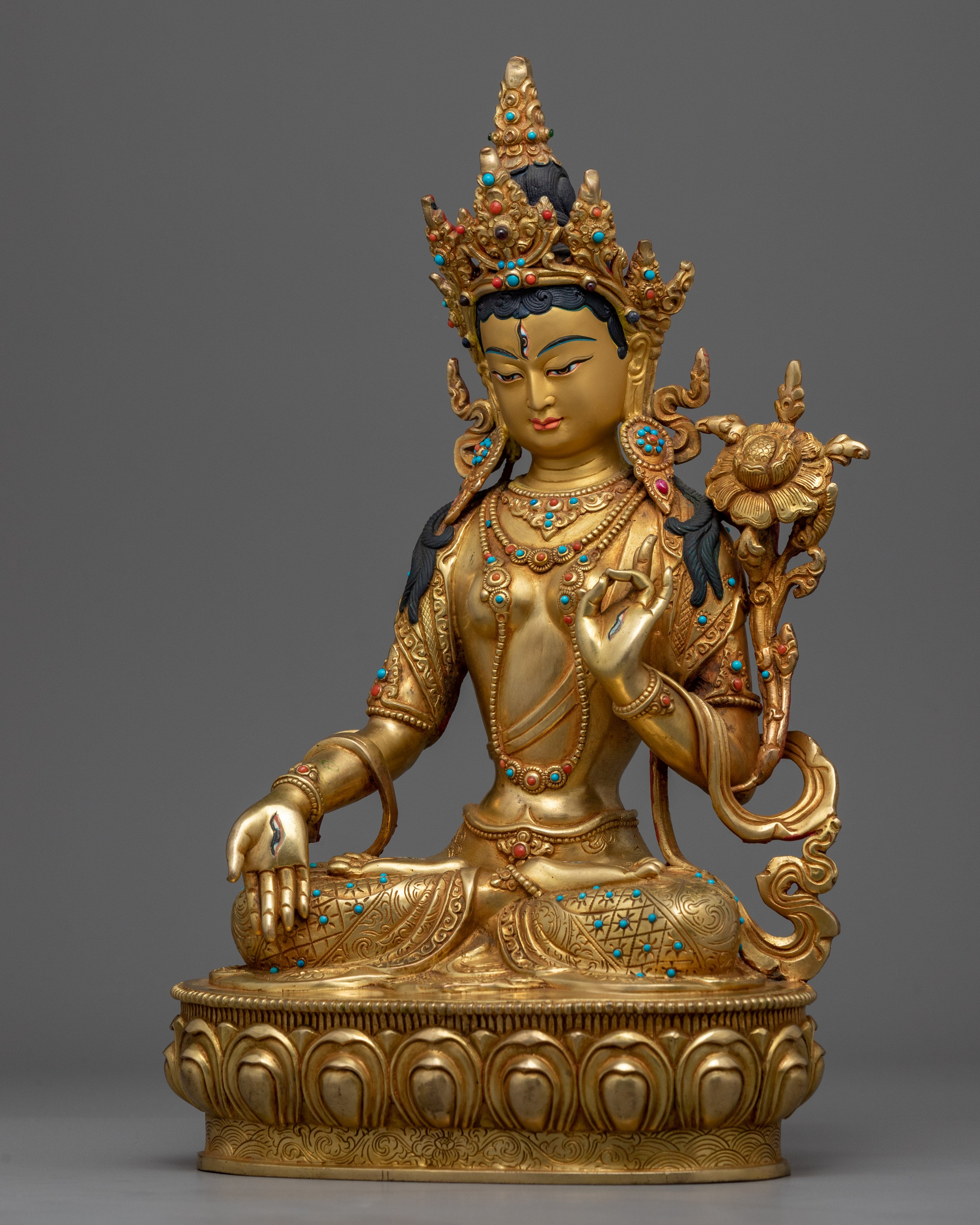 24K Gold Plated White Tara Sculpture | Female Buddhist Deity Sculpture