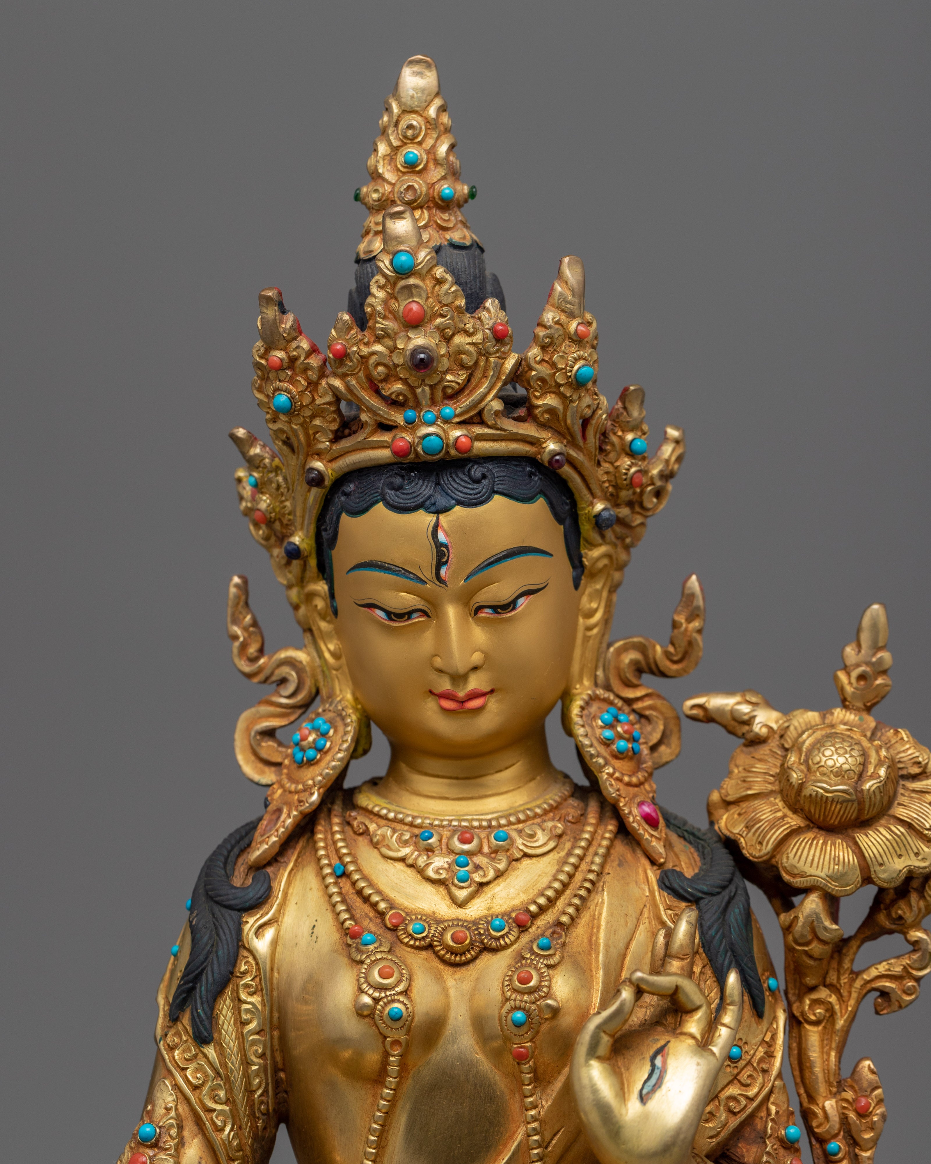 24K Gold Plated White Tara Sculpture | Female Buddhist Deity Sculpture