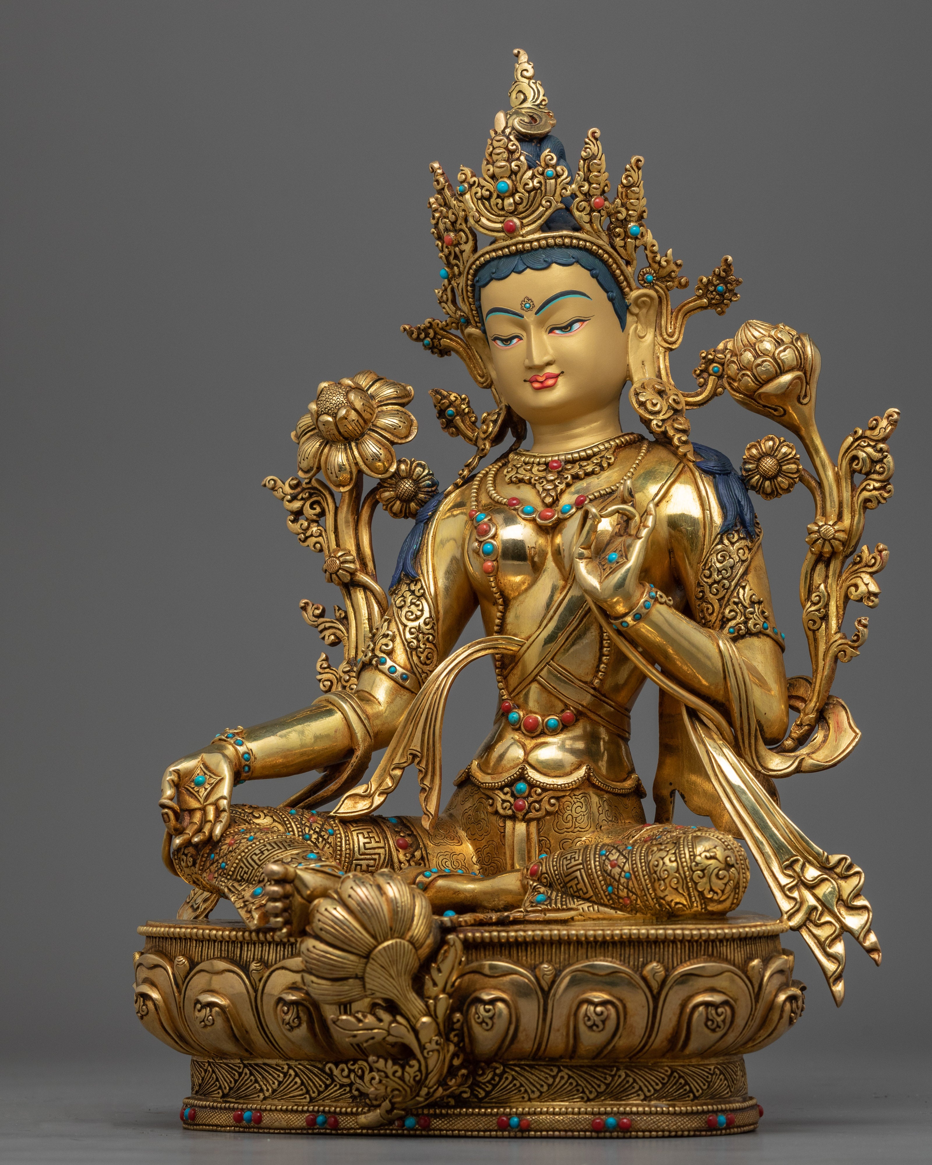 24K Gold Gilded Statue of Green Tara Bodhisattva | Buddhist Meditation Deity Sculpture