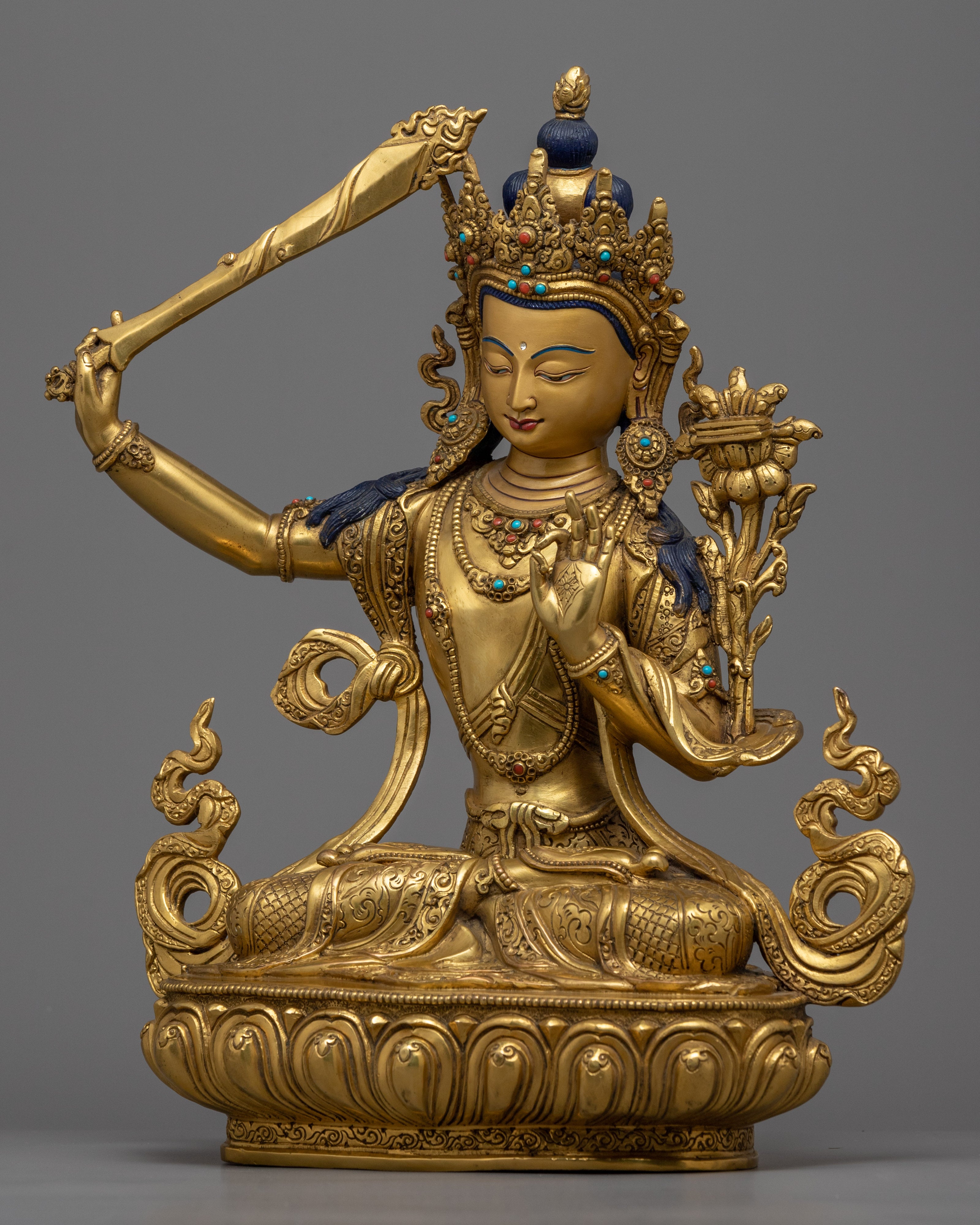 Bodhisattva Manjushri, of Wisdom Statue | Gold Gilded Buddhist Art