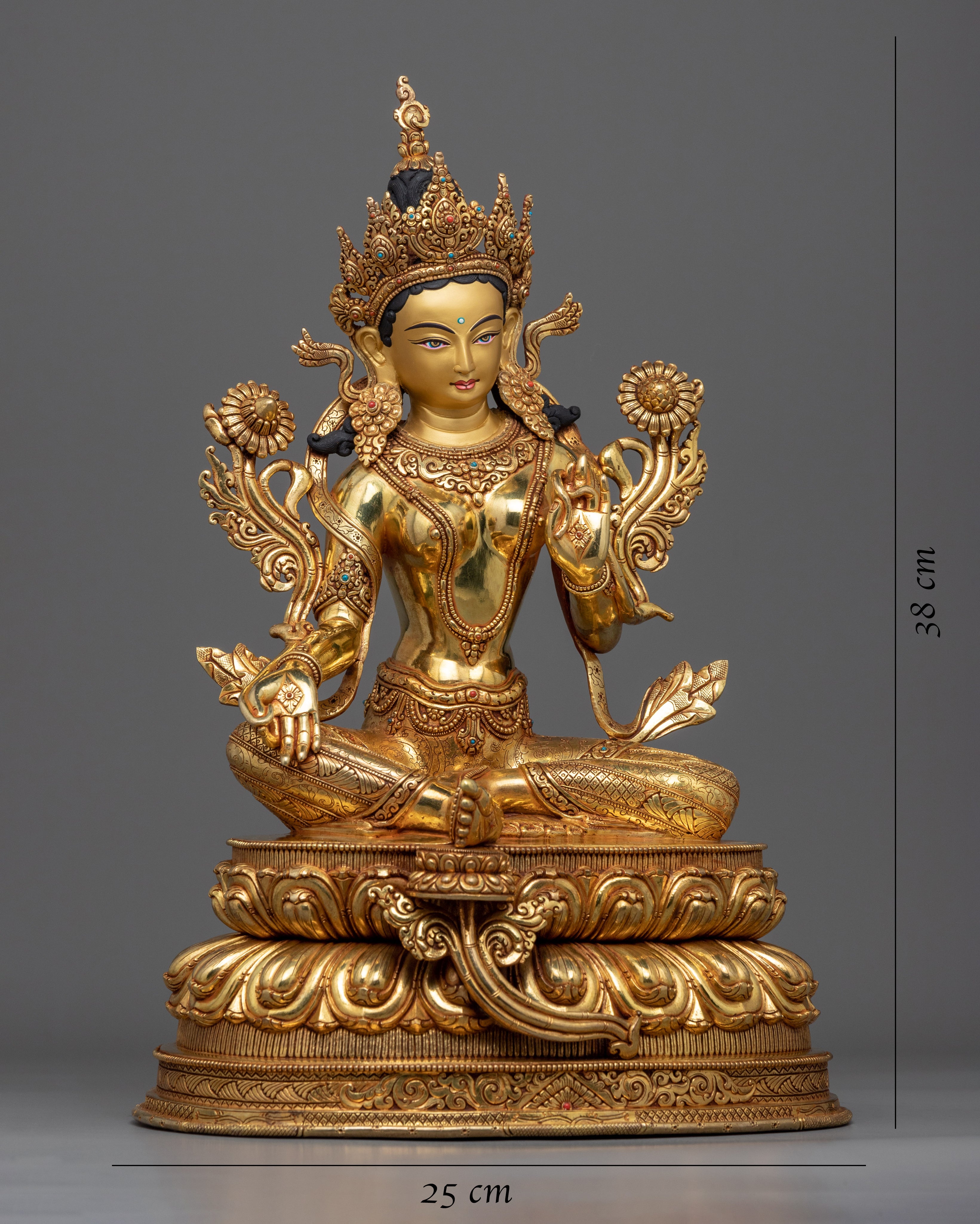 Gold Gilded Statue of Green Tara Bodhisattva | Traditional Female Bodhisattva Statuette