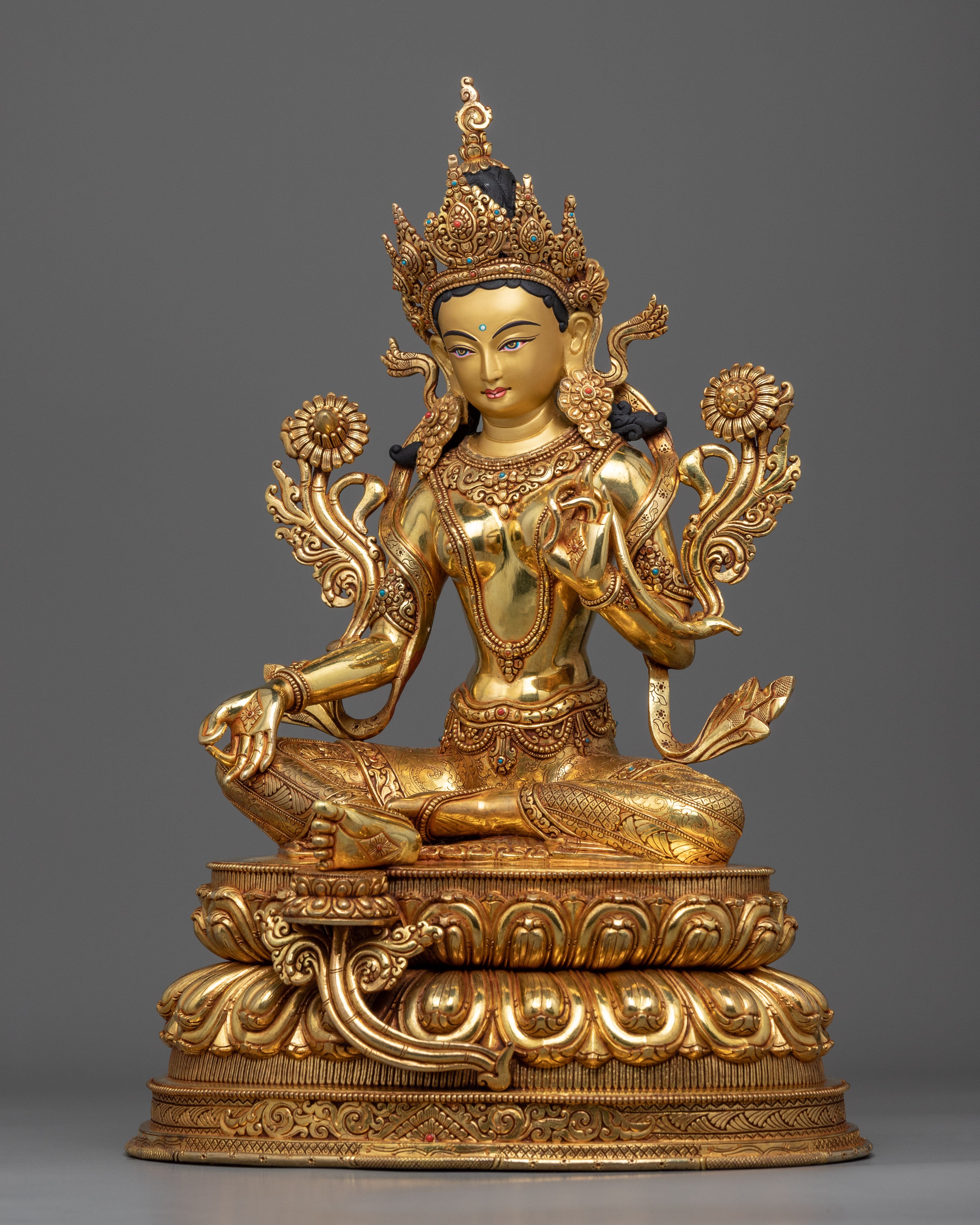 Gold Gilded Statue of Green Tara Bodhisattva | Traditional Female Bodhisattva Statuette