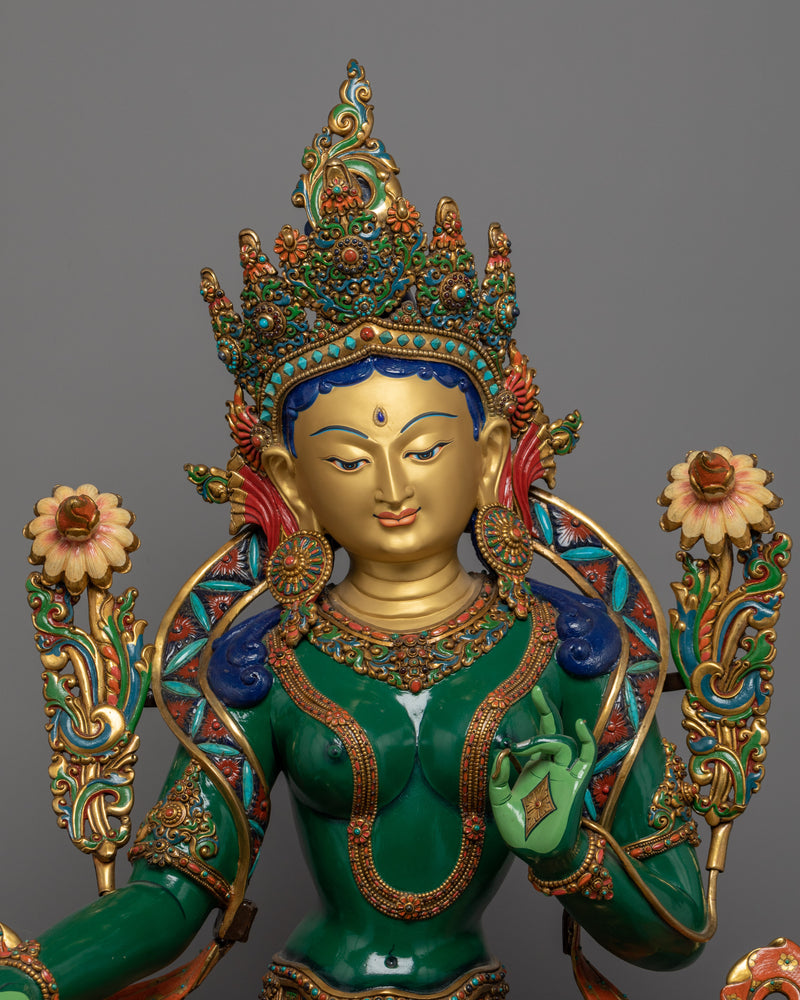 Beautiful Green Tara Statue Gilded in Gold | Traditional Himalayan Buddhist Art