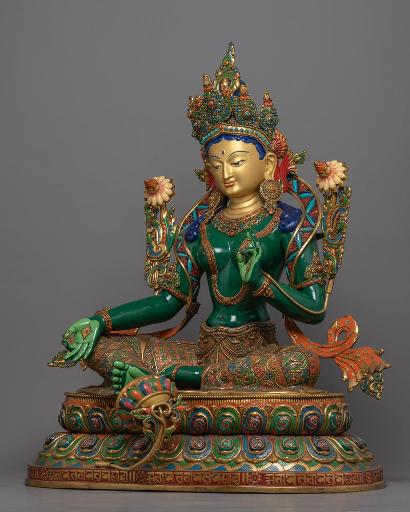 Beautiful Green Tara Statue Gilded in Gold | Traditional Himalayan Buddhist Art