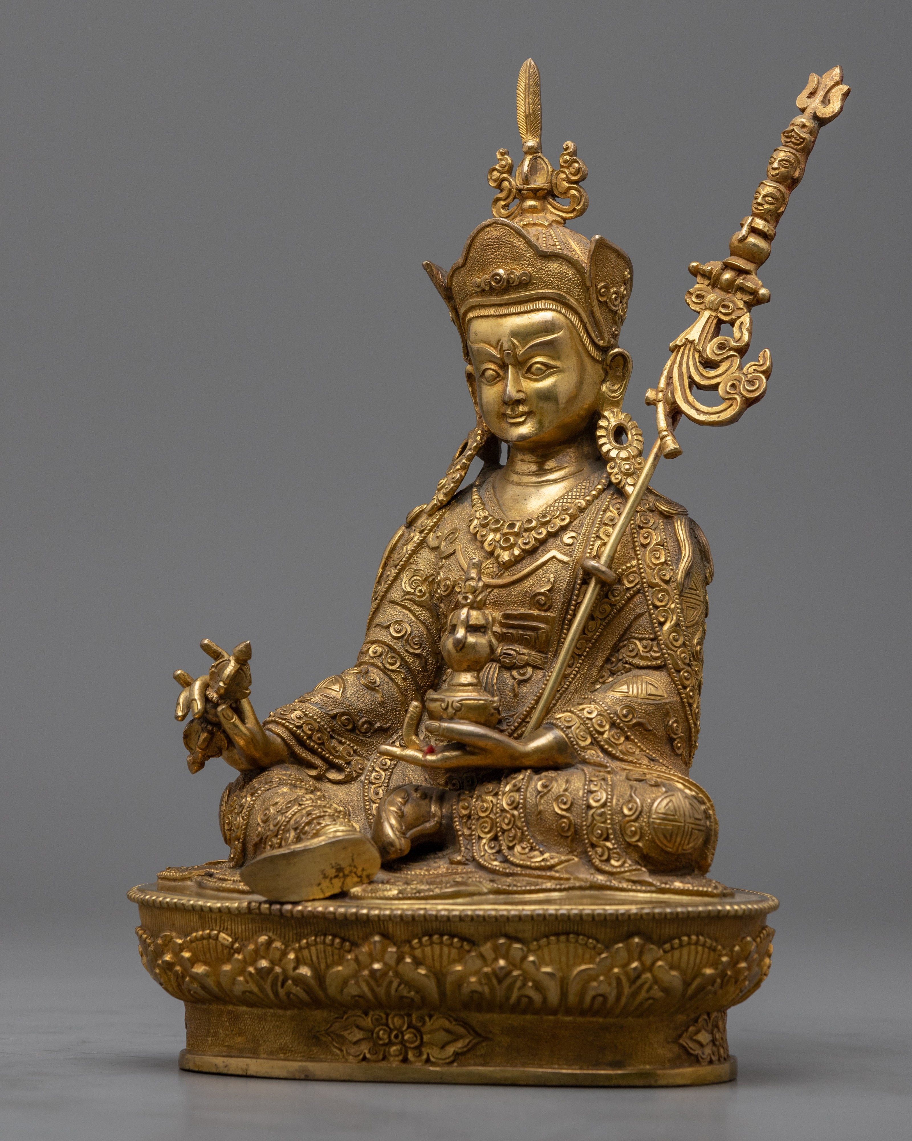 Seated Padmasambhava Guru Rinpoche Statue | Gold Gilded Himalayan Buddhist Art