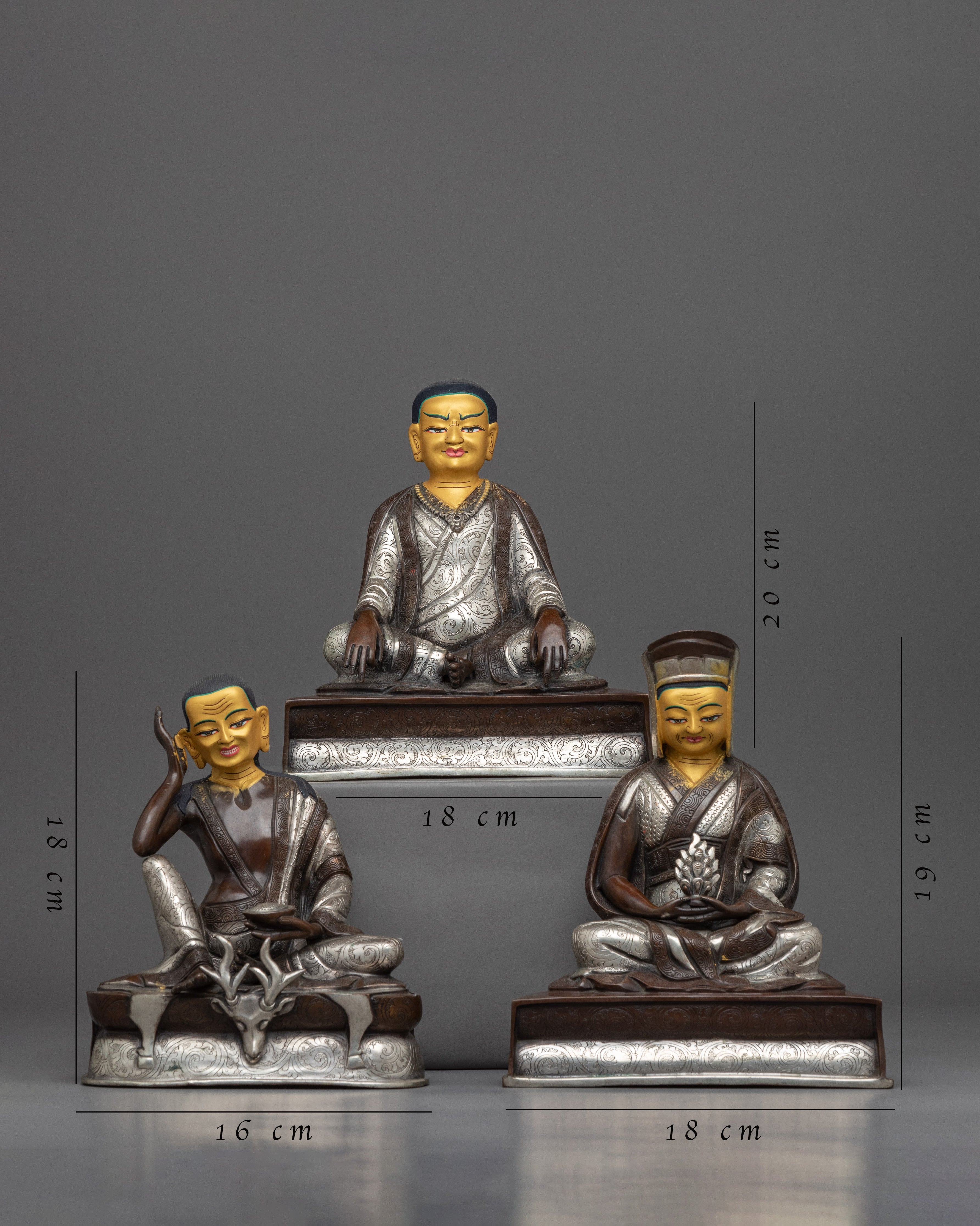 Gold Gilded 3 Buddhist Master Statue Set | Milarepa, Marpha & Gampopa