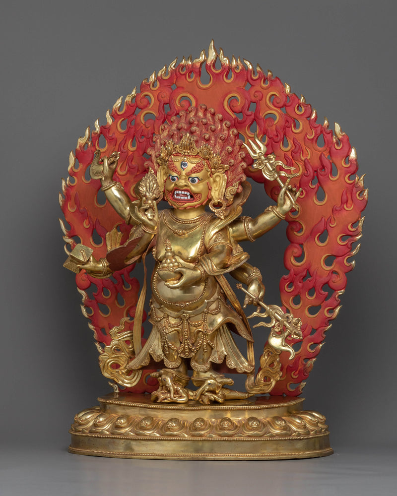 White Mahakala Sculpture | 24K Gold Gilded Statue of Wrathful Buddhist Deity