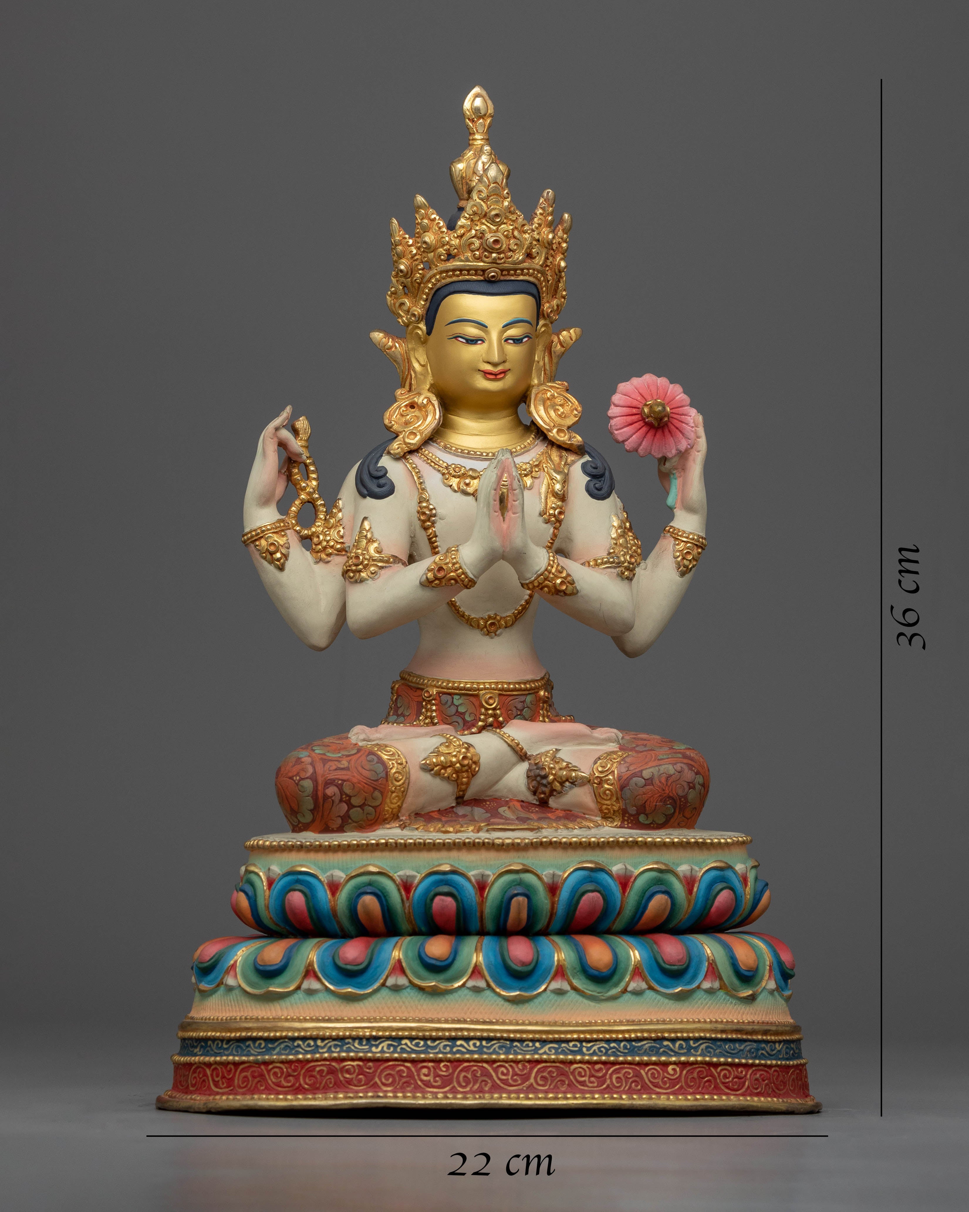 Chenrezig Lord of Love Statue | 24k Gold Gilded & Detailed Acrylic Paintings