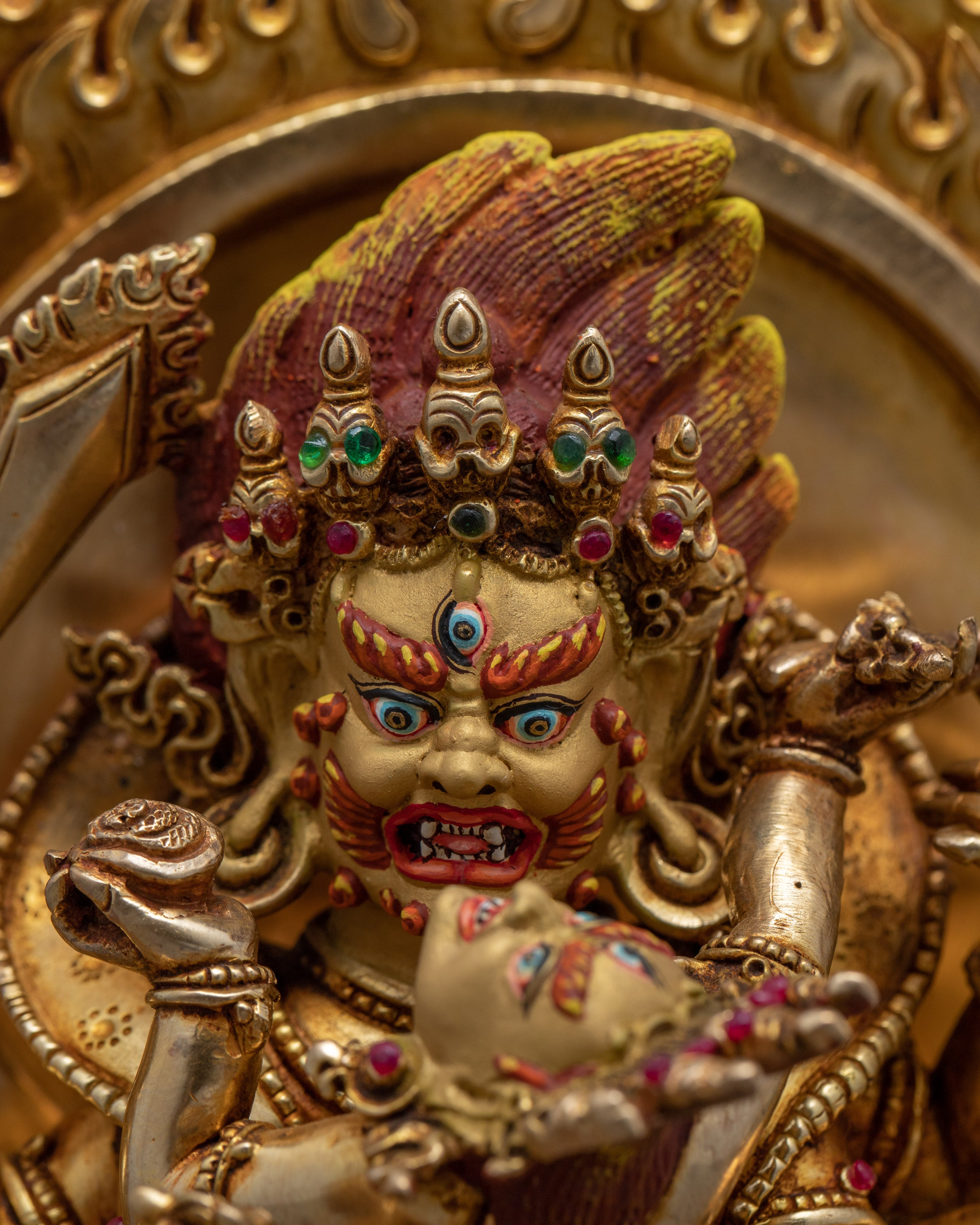 4 Armed Mahakala with Consort Statue | Finely Hand Carved Himalayan Art