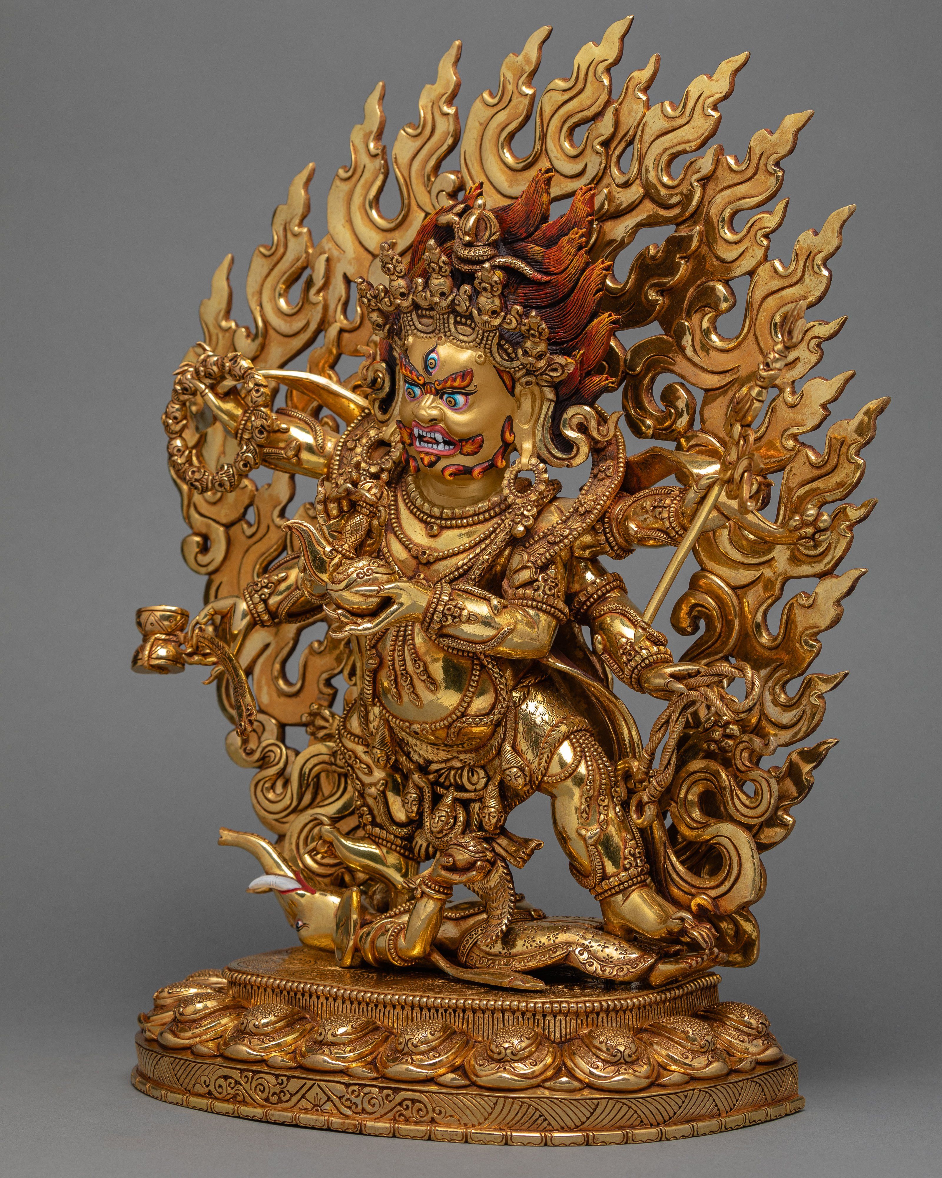 6 Armed Mahakala, 24K Gold Plated Mahakala Statue, Traditionally Hand Carved