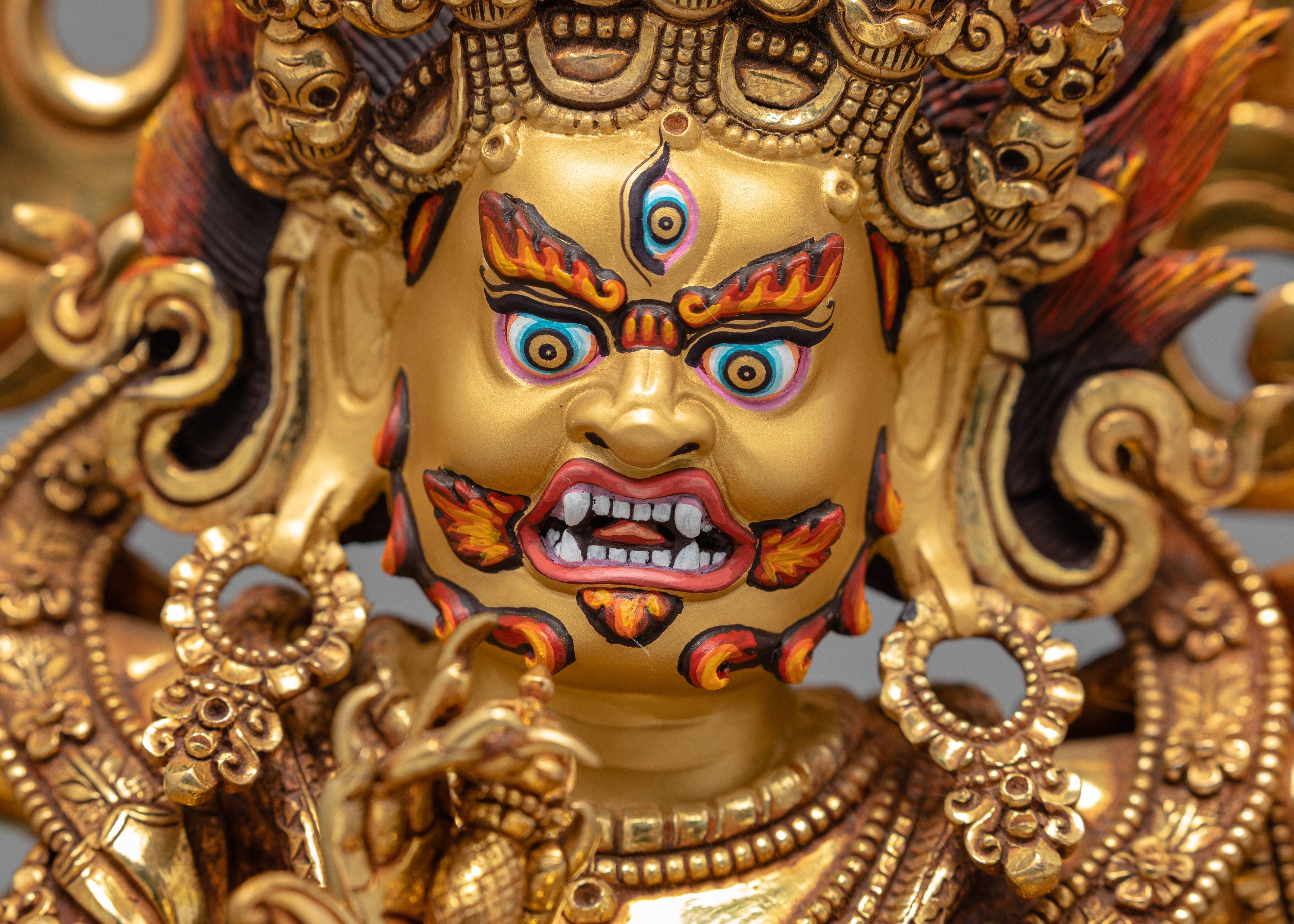 6 Armed Mahakala, 24K Gold Plated Mahakala Statue, Traditionally Hand Carved