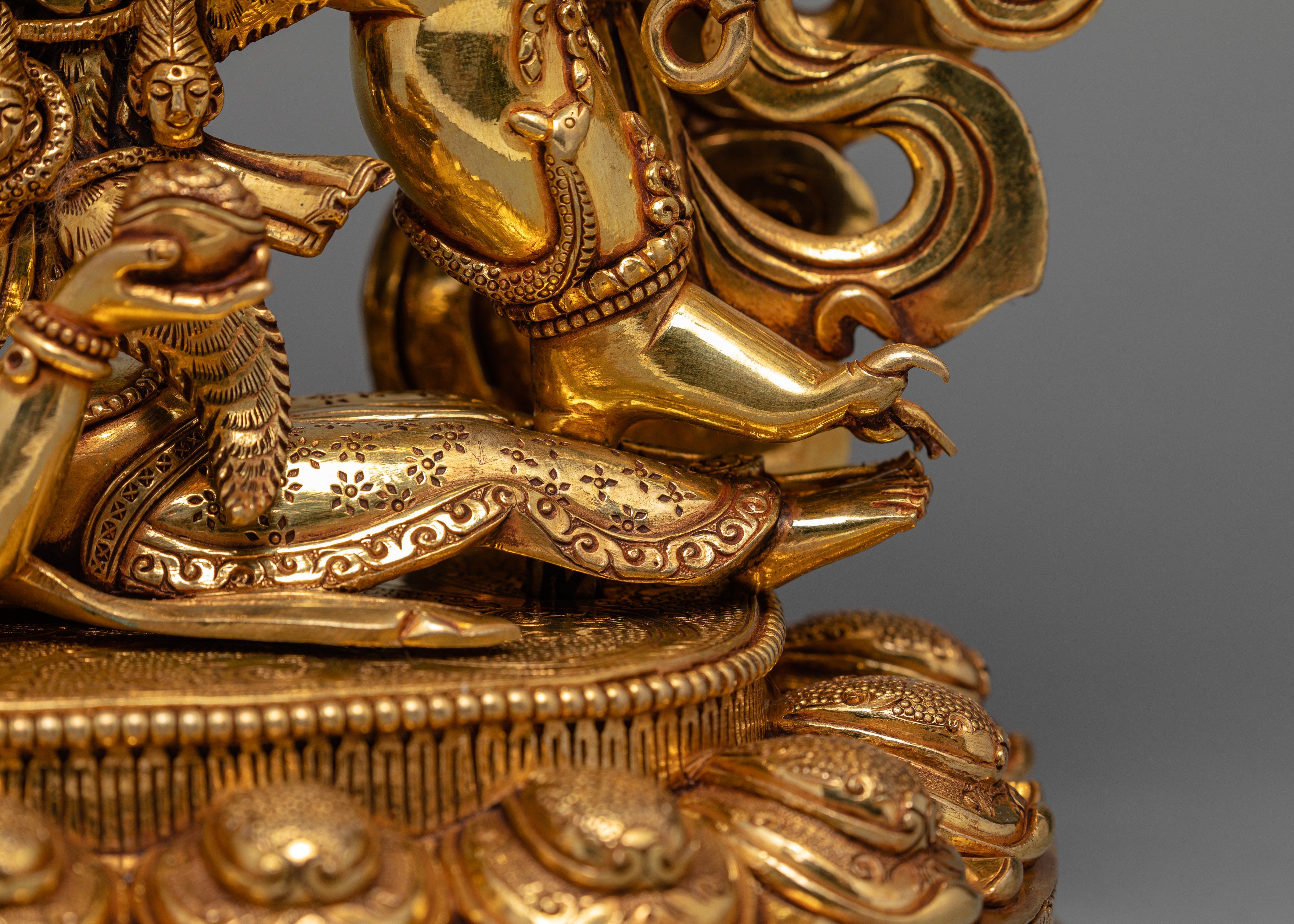 6 Armed Mahakala, 24K Gold Plated Mahakala Statue, Traditionally Hand Carved