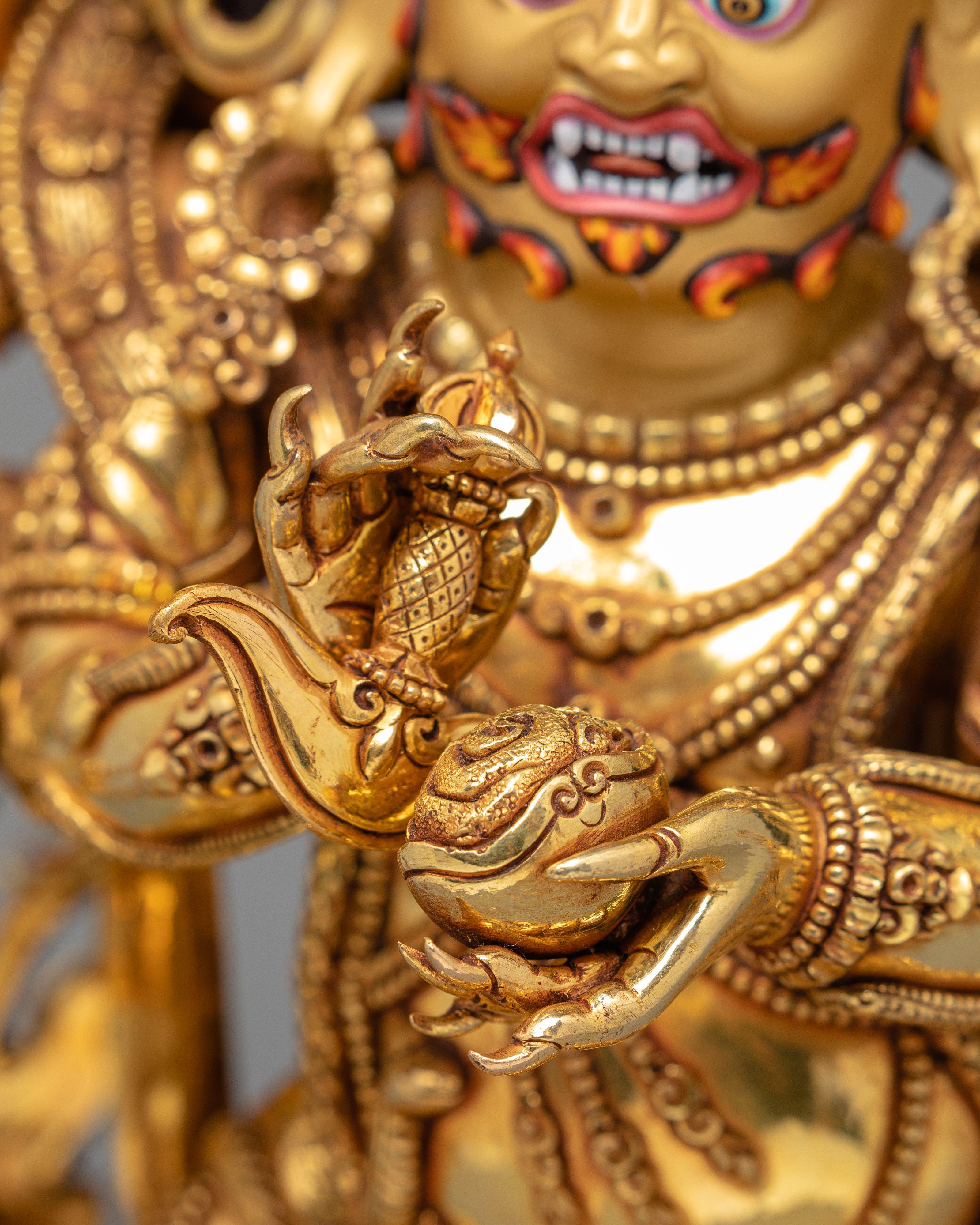 6 Armed Mahakala, 24K Gold Plated Mahakala Statue, Traditionally Hand Carved