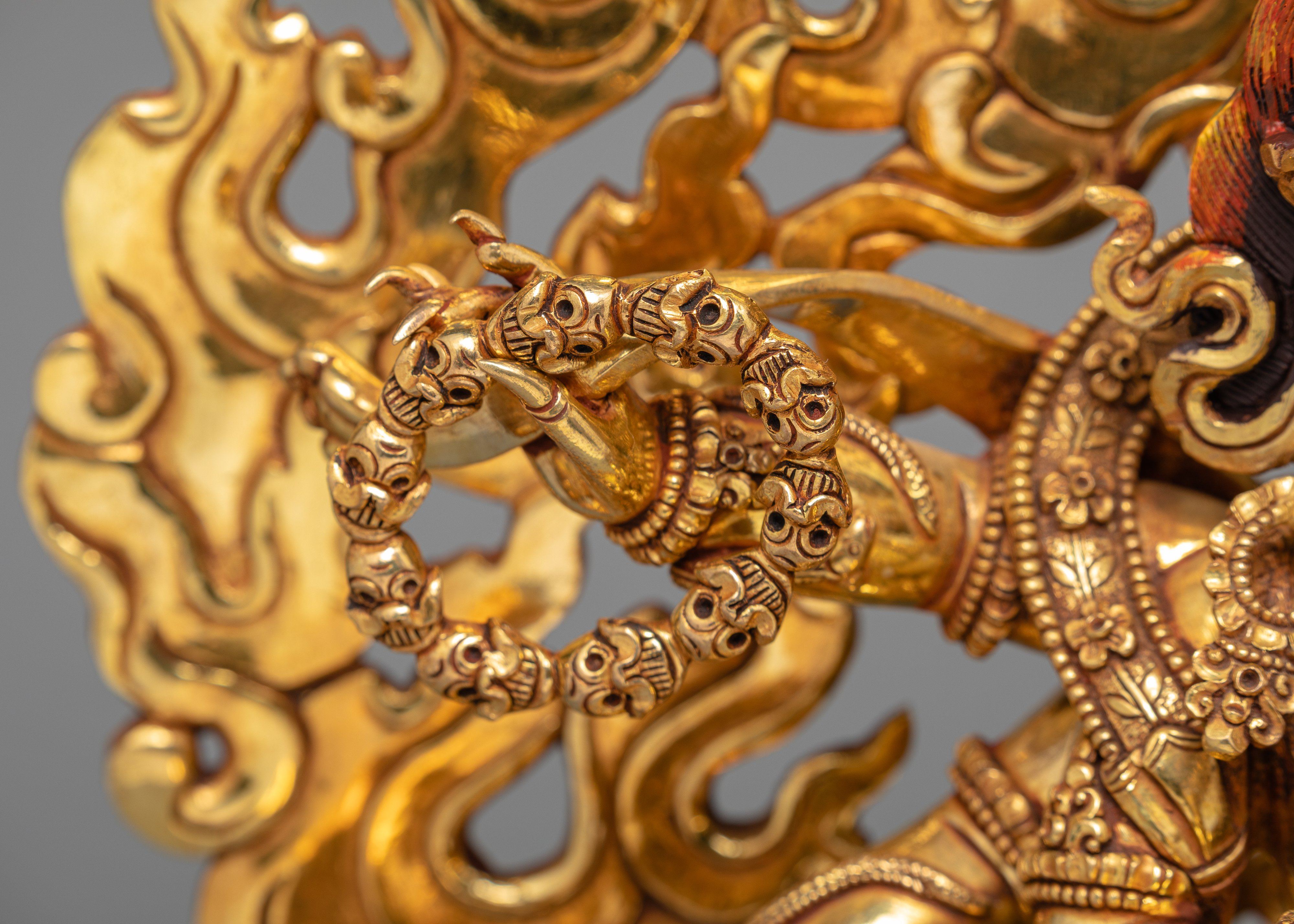 6 Armed Mahakala, 24K Gold Plated Mahakala Statue, Traditionally Hand Carved