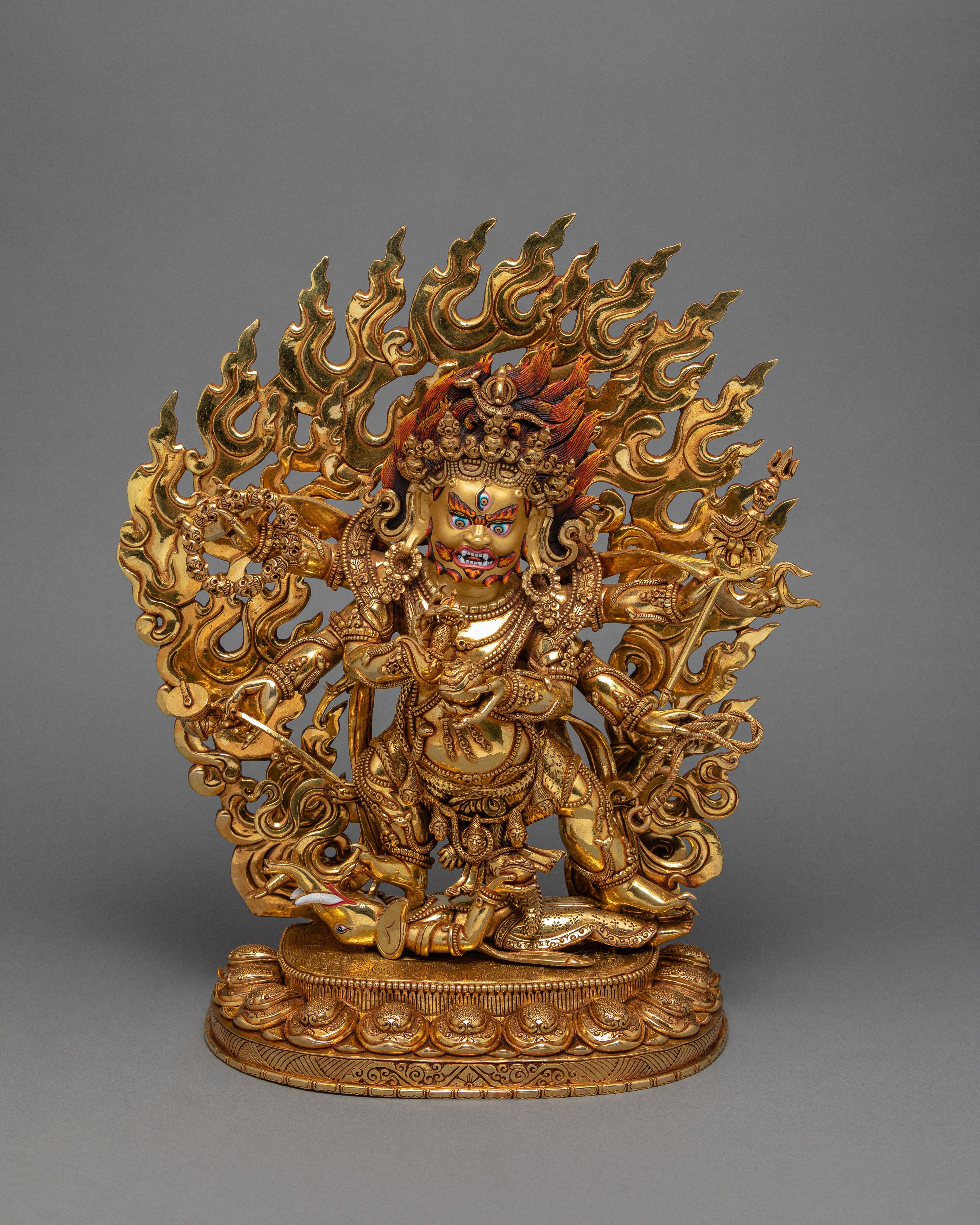 6 Armed Mahakala, 24K Gold Plated Mahakala Statue, Traditionally Hand Carved