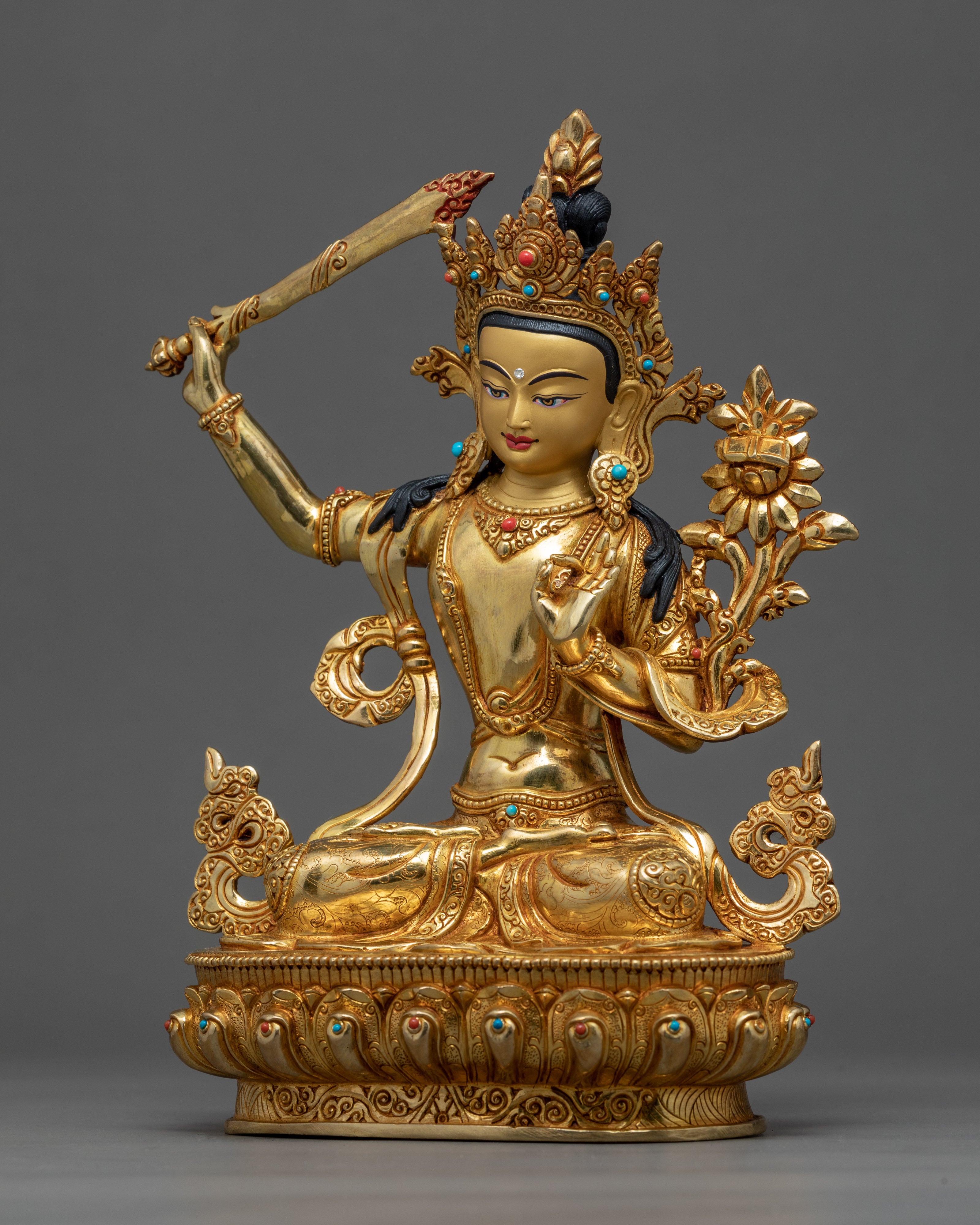 Manjushri Gold Statue | Bodhisattva Wisdom Deity in Buddhism